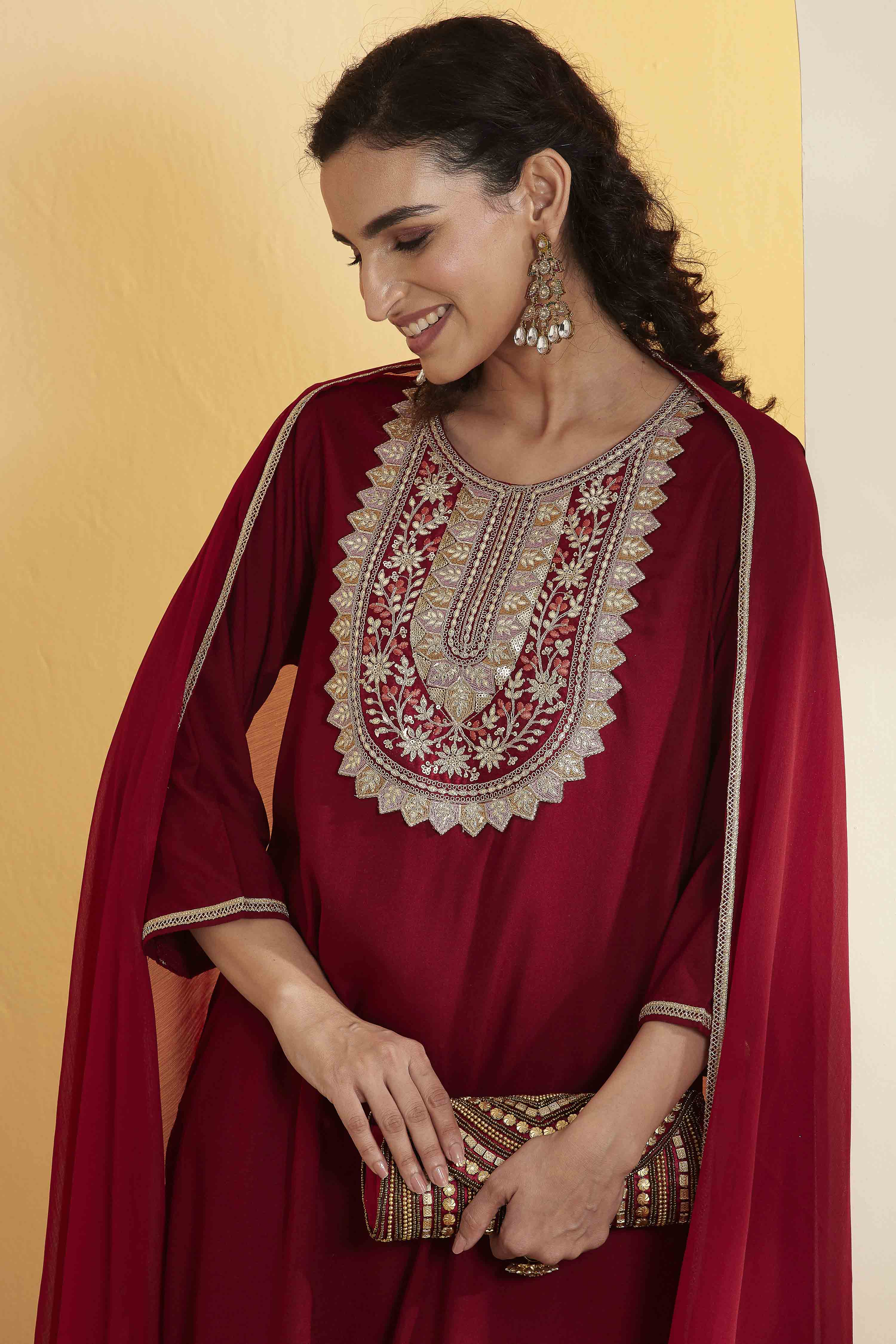 Maroon Viscose Rayon Embroidered Straight Kurta Set image number 1