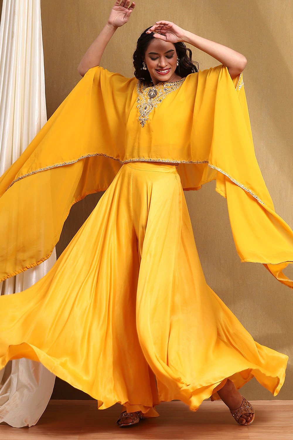 Yellow Embroidered Fusion Set image number 0