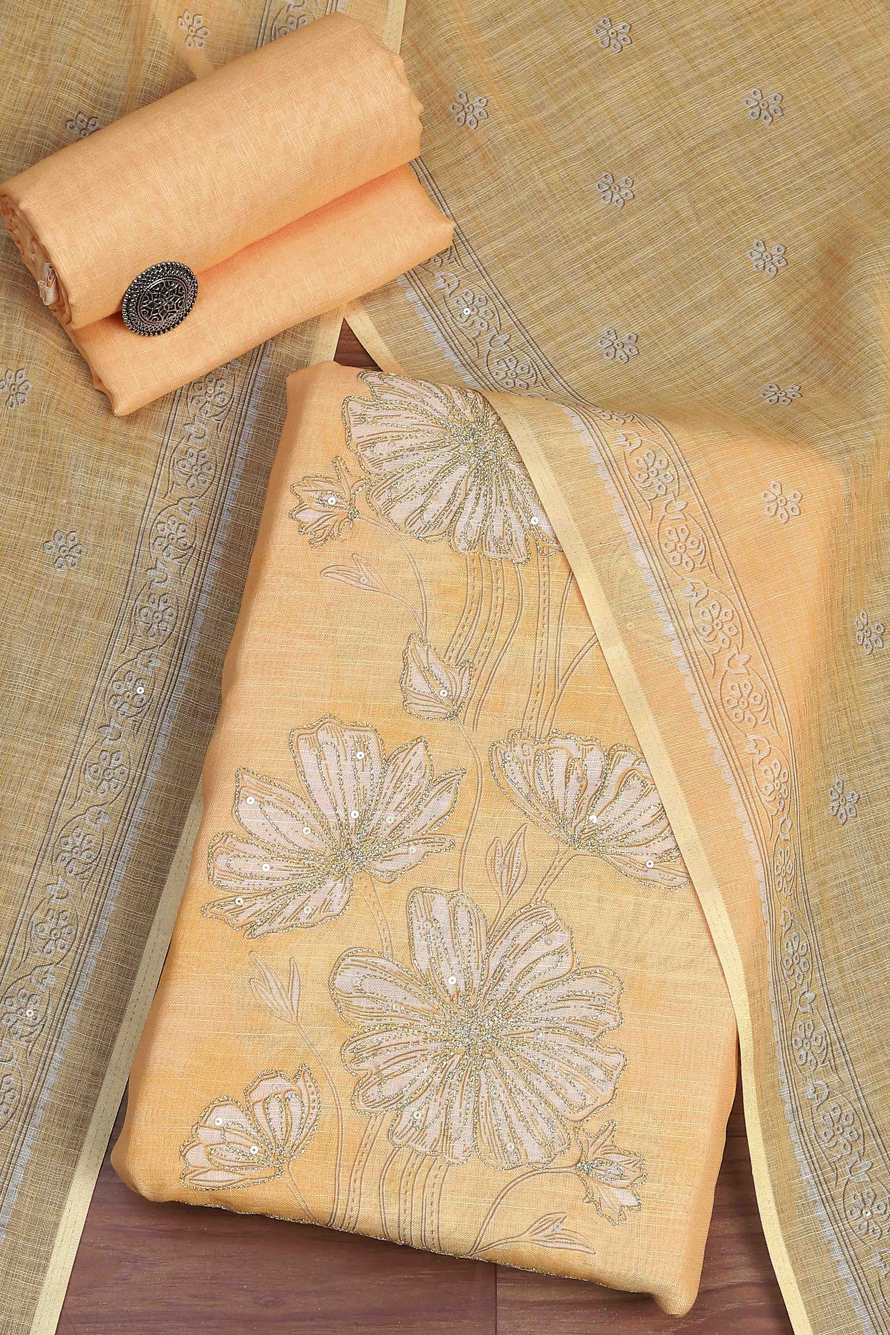 Yellow Linen Unstitched Suit Set image number 0