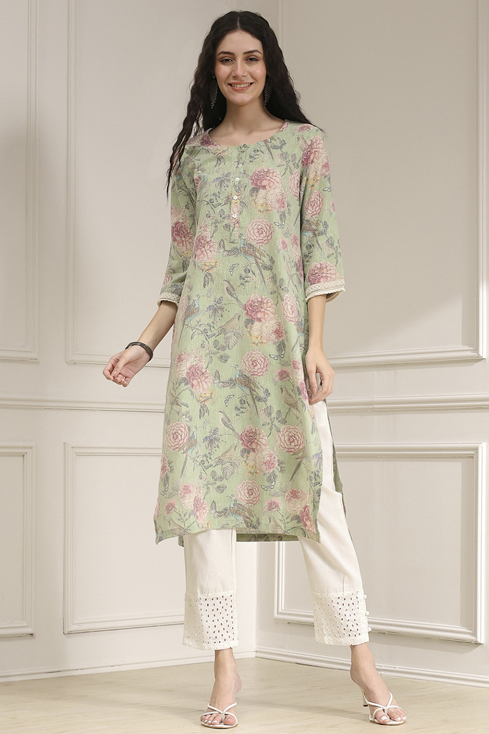 Yellow Cotton Blend Printed Straight Kurta image number 5
