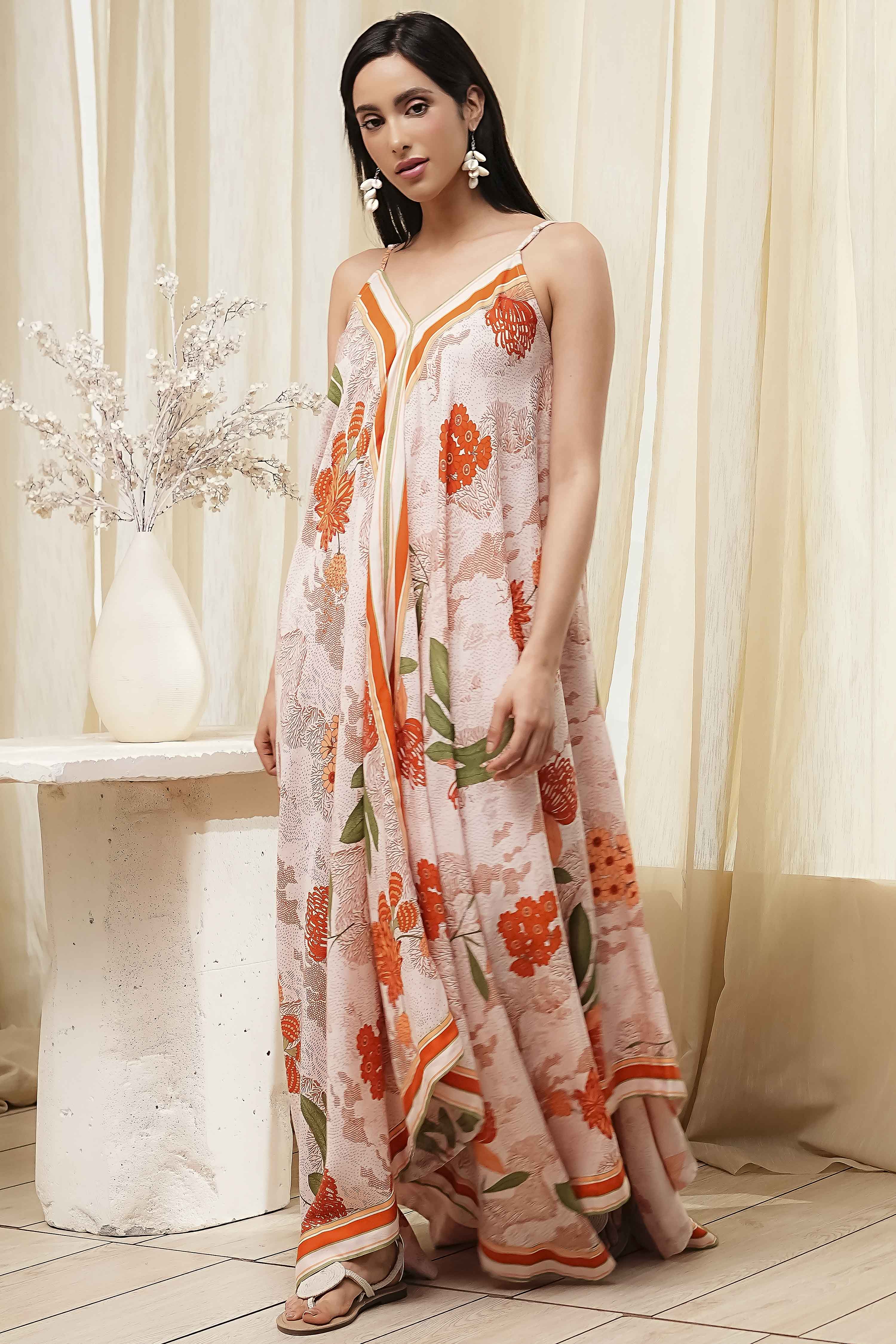 Beige Floral Printed Strappy Relaxed Maxi Dress image number 2