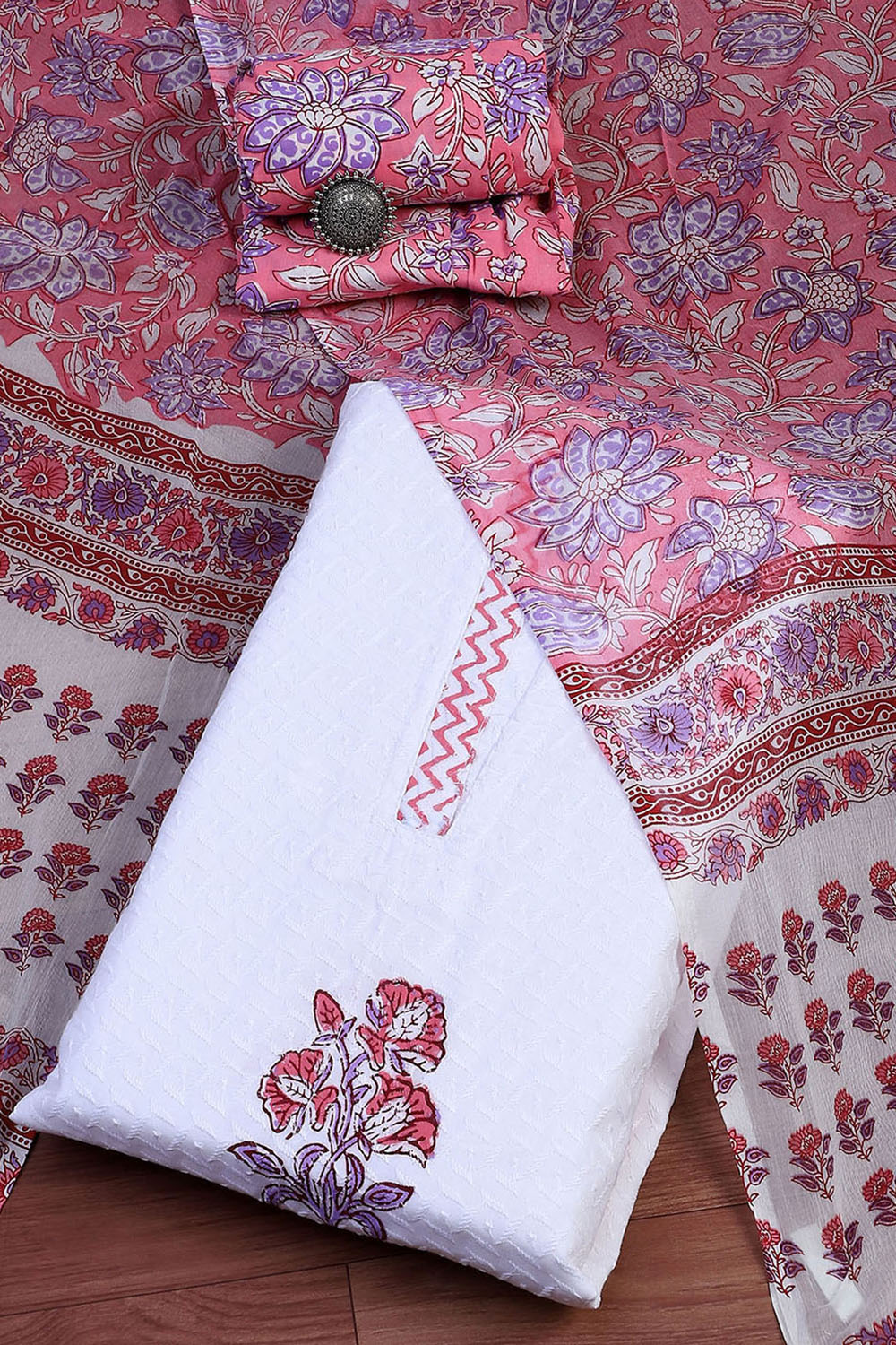 White and Pink Cotton Floral Hand Block Unstitched Suit Set image number 0