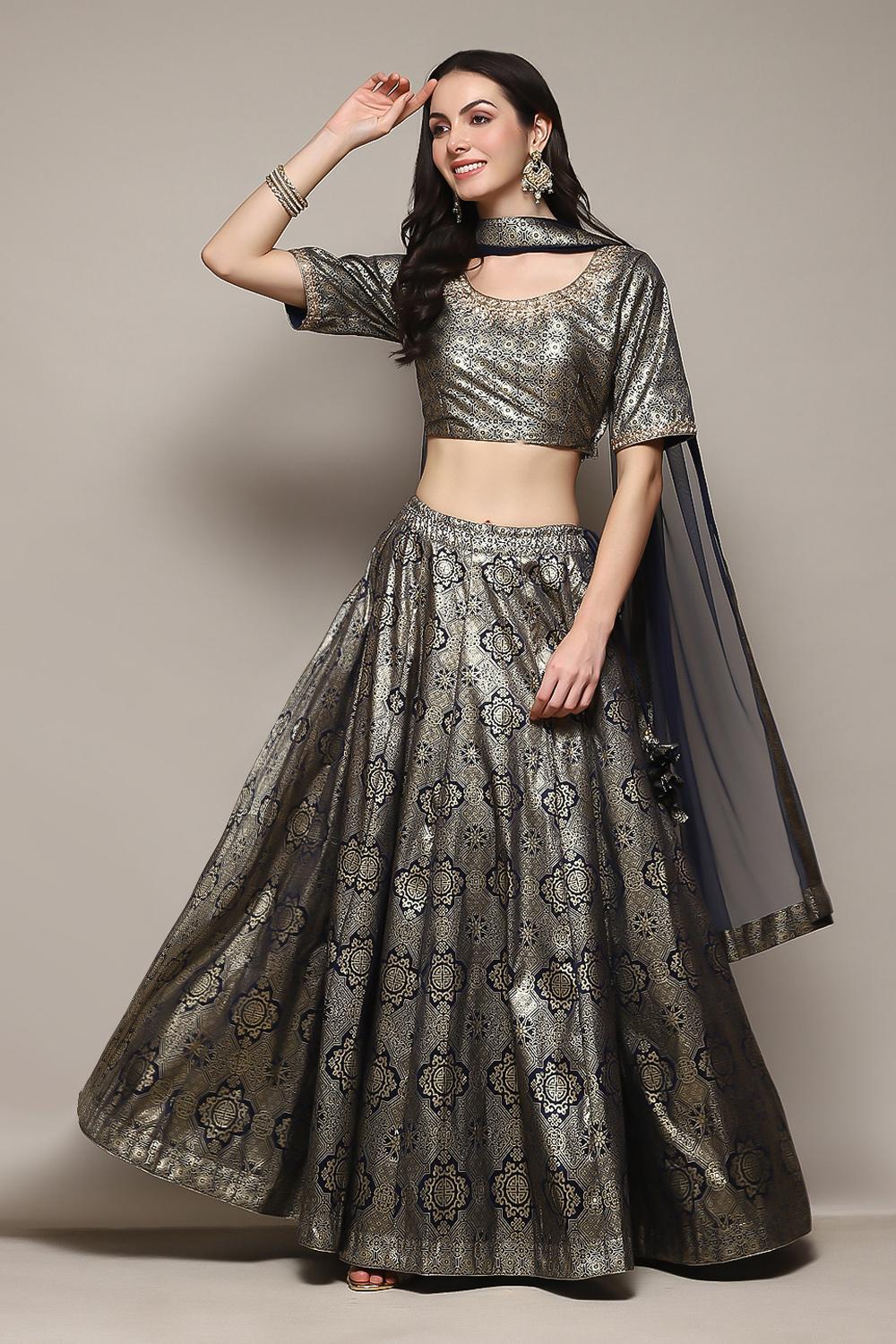 Navy Blue Polyester Straight Kurta Lehenga Set image number 0