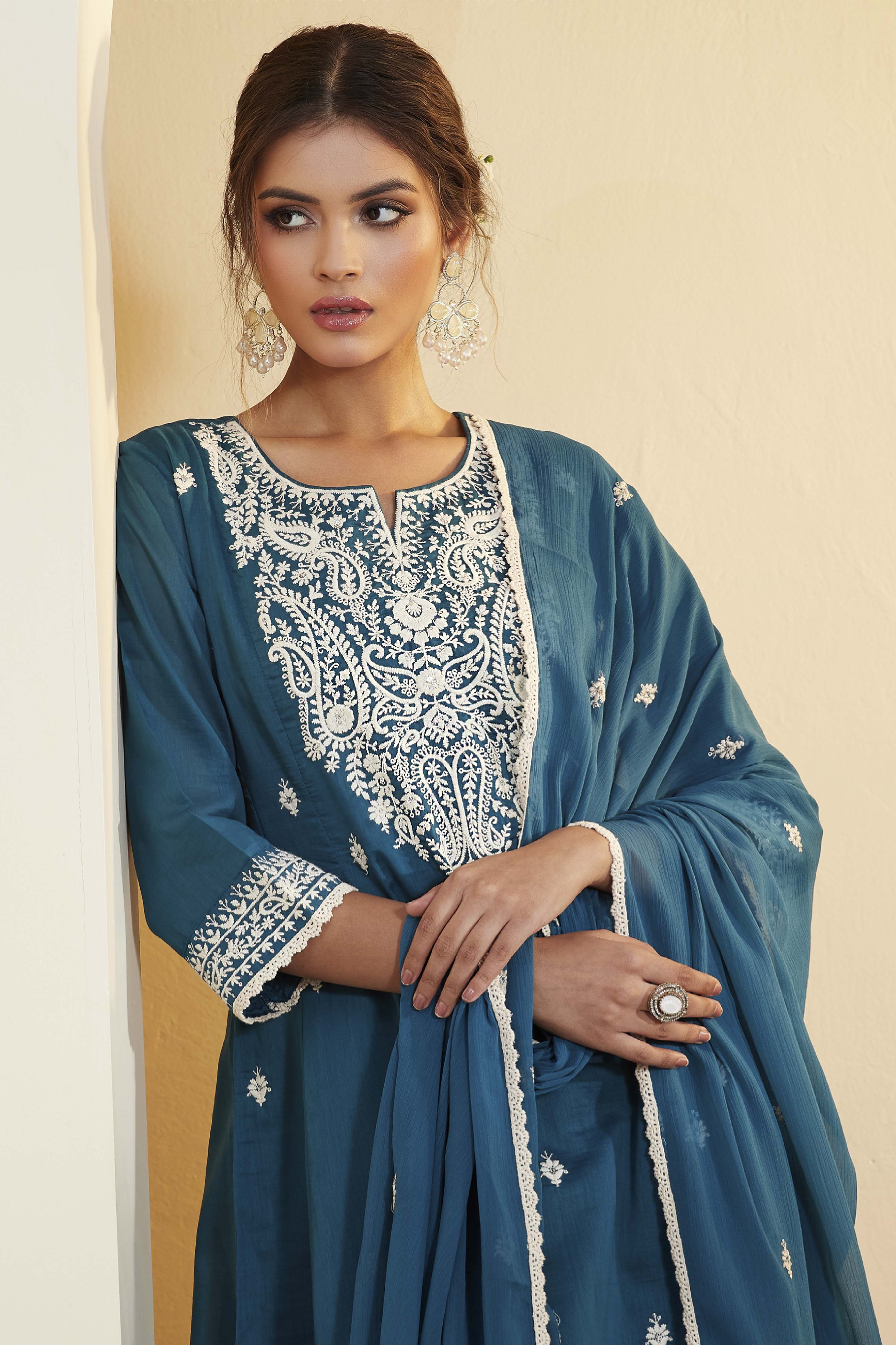 Teal Viscose Rayon Embroidered Anarkali Kurta Set image number 1