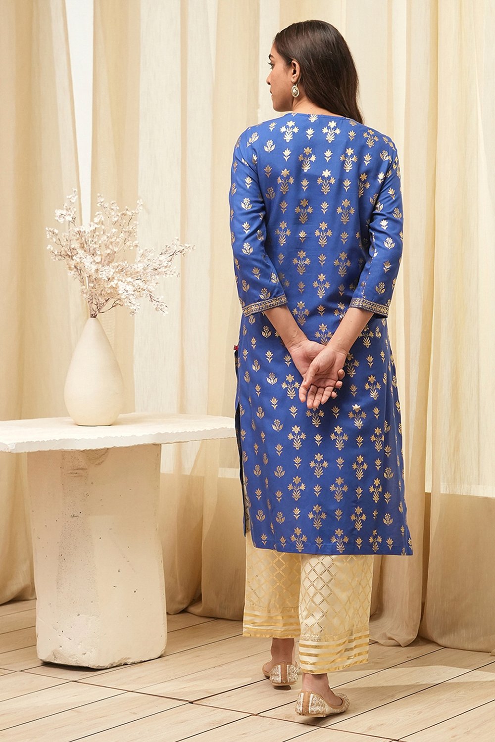 Navy Blue Rayon Straight Kurta Pants Set image number 4