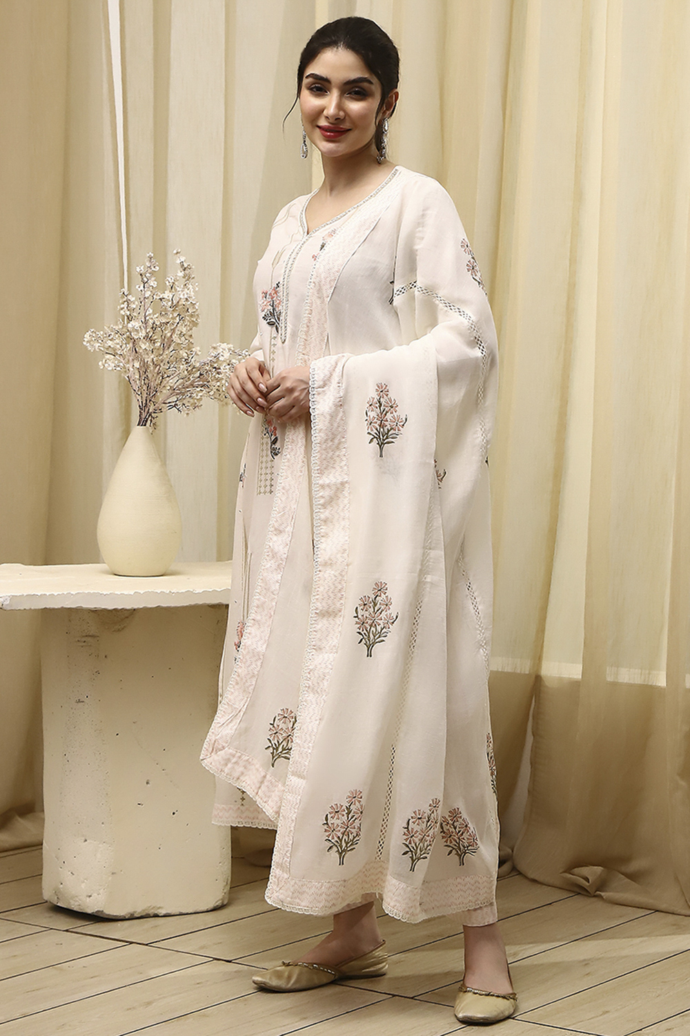 White/Pink Cotton Machine Embroidered Unstitched Suit Set image number 4