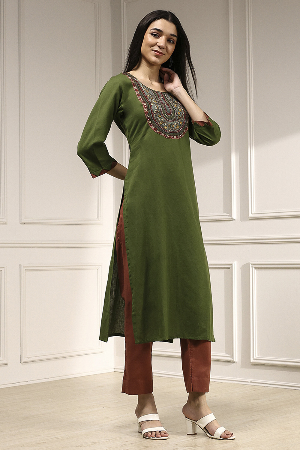 Green Cotton Hand Block Print Unstitched Suit Set image number 6
