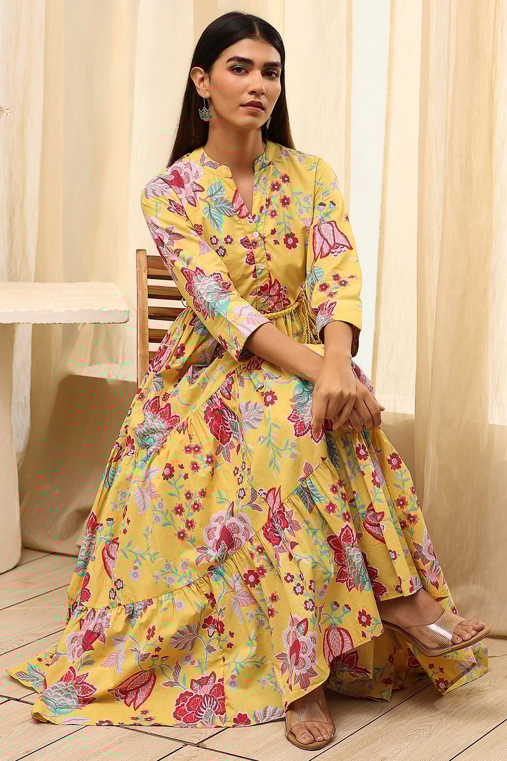 Earthy Blue Cotton Floral Tiered Dress image number 0