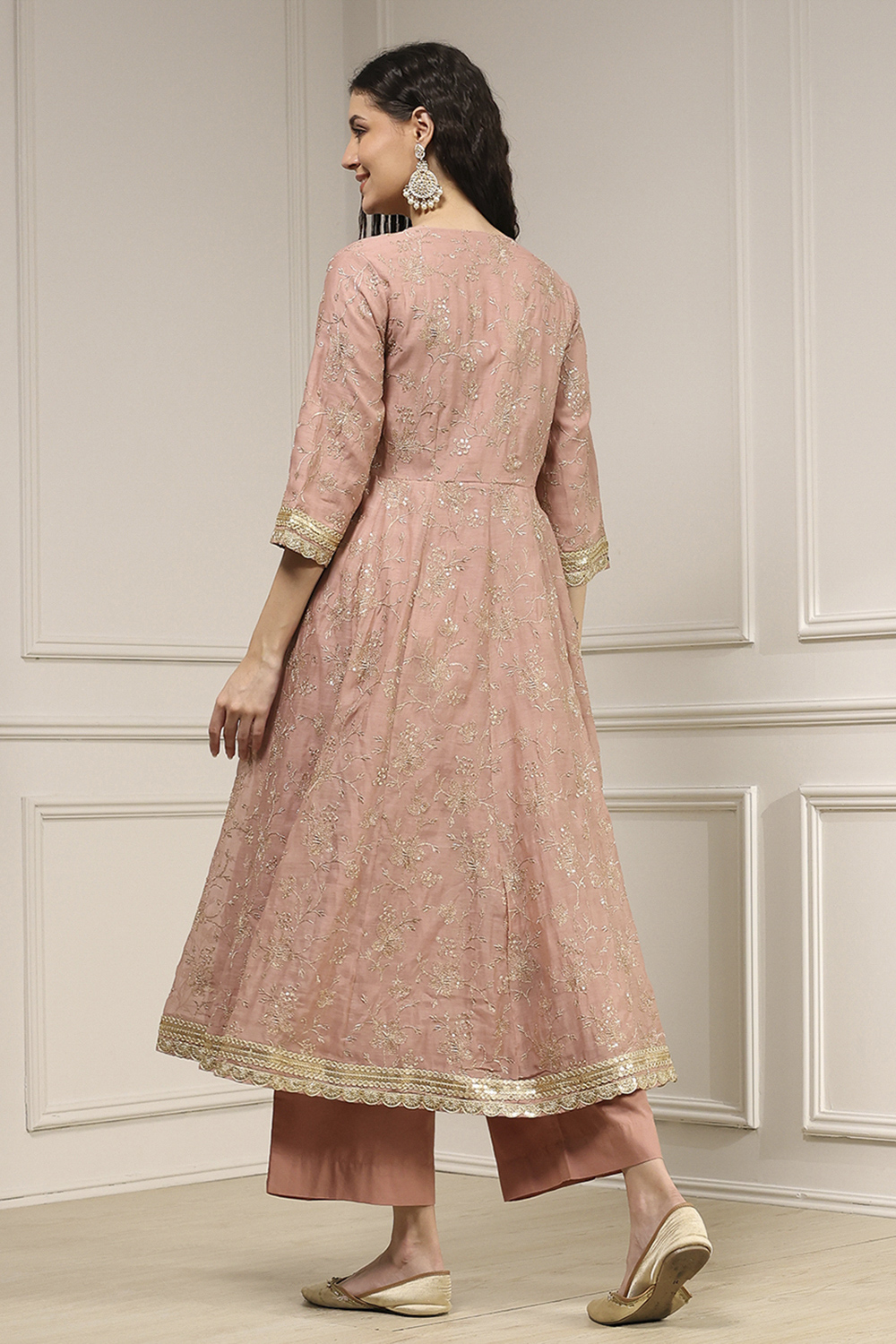 Natural White Chanderi Anarkali Dyed Fusion Set image number 4