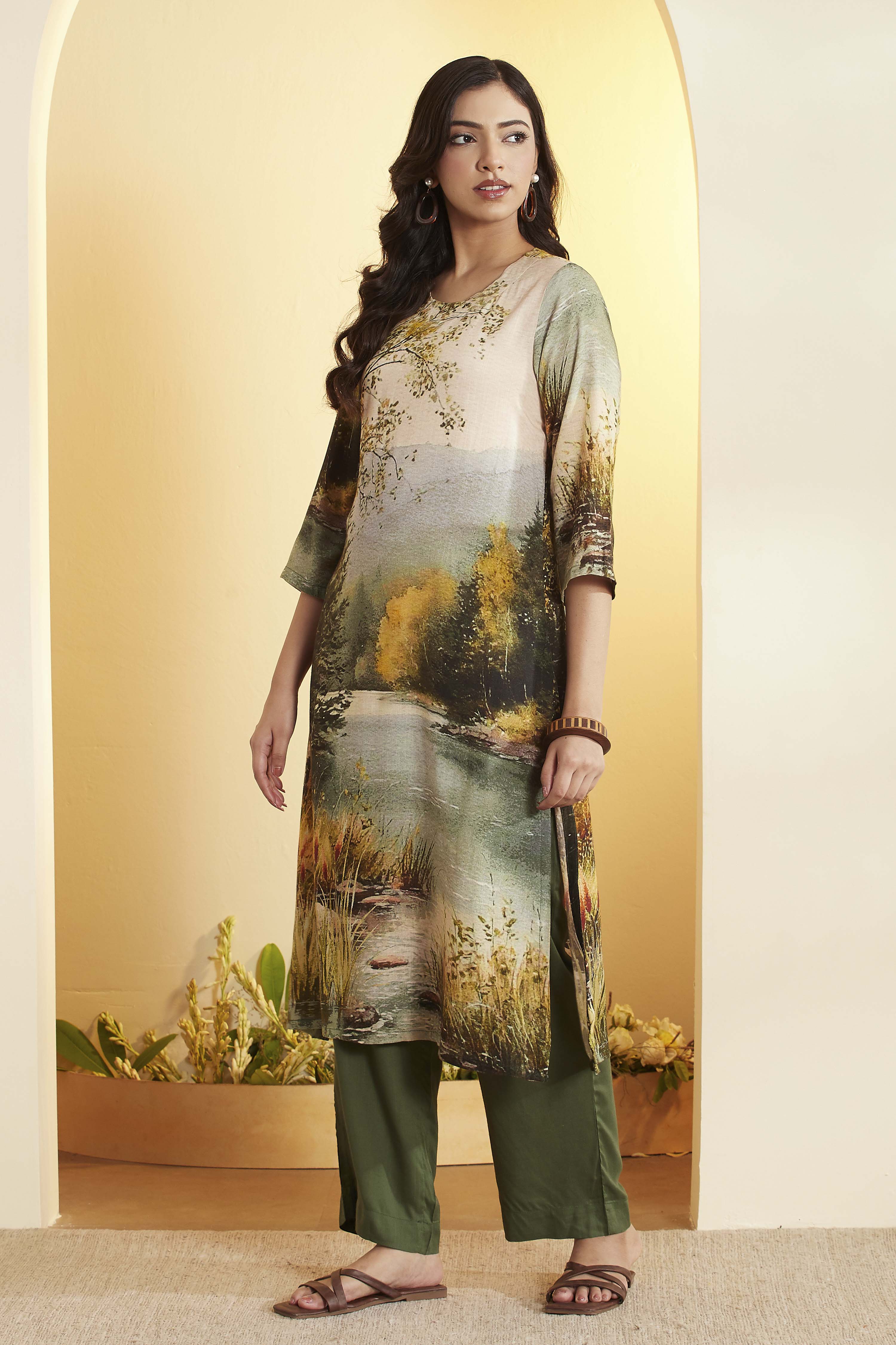 Beige Rayon Slub Straight Kurta Pants Set image number 3