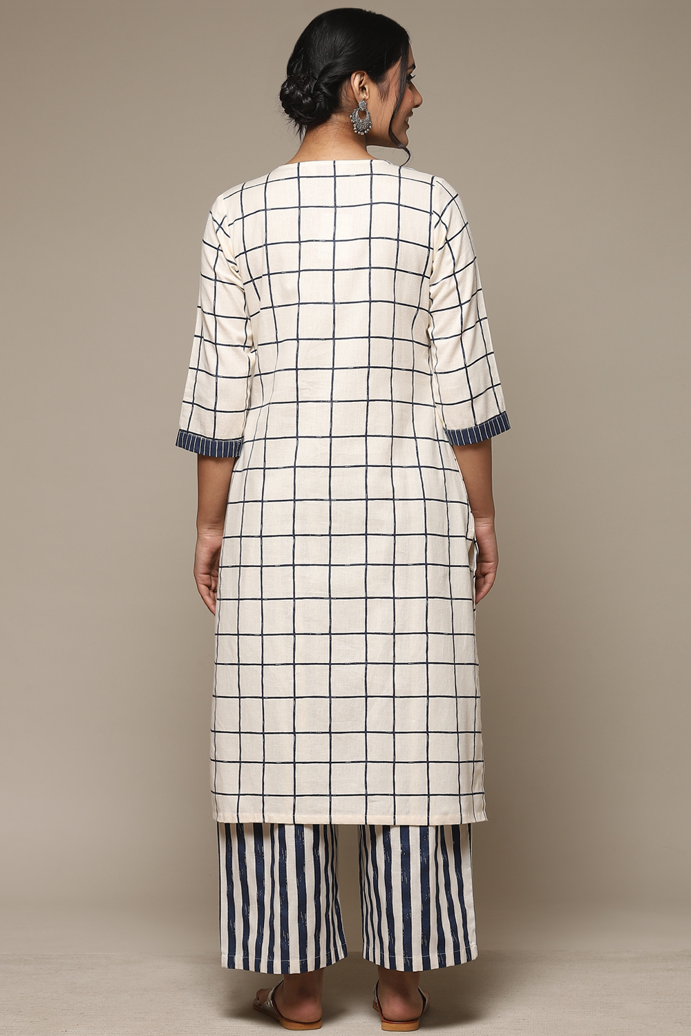 Natural & Blue Cotton Blend Straight Kurta Palazzo Suit Set image number 4