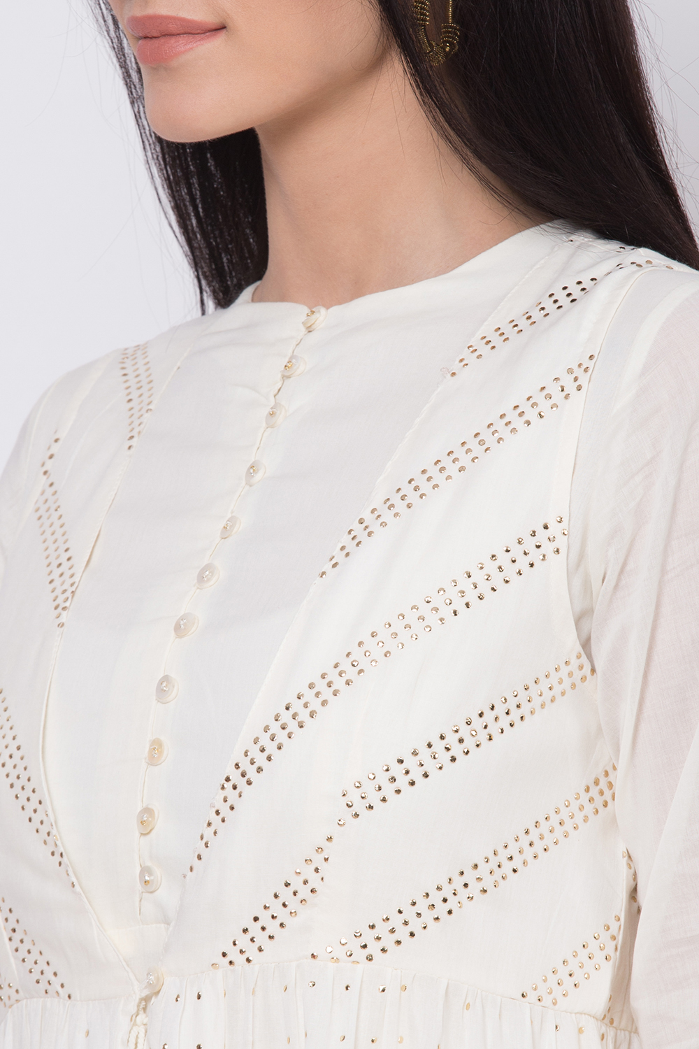 Off White Cotton Front Open Kurta Churidar Suit Set image number 1