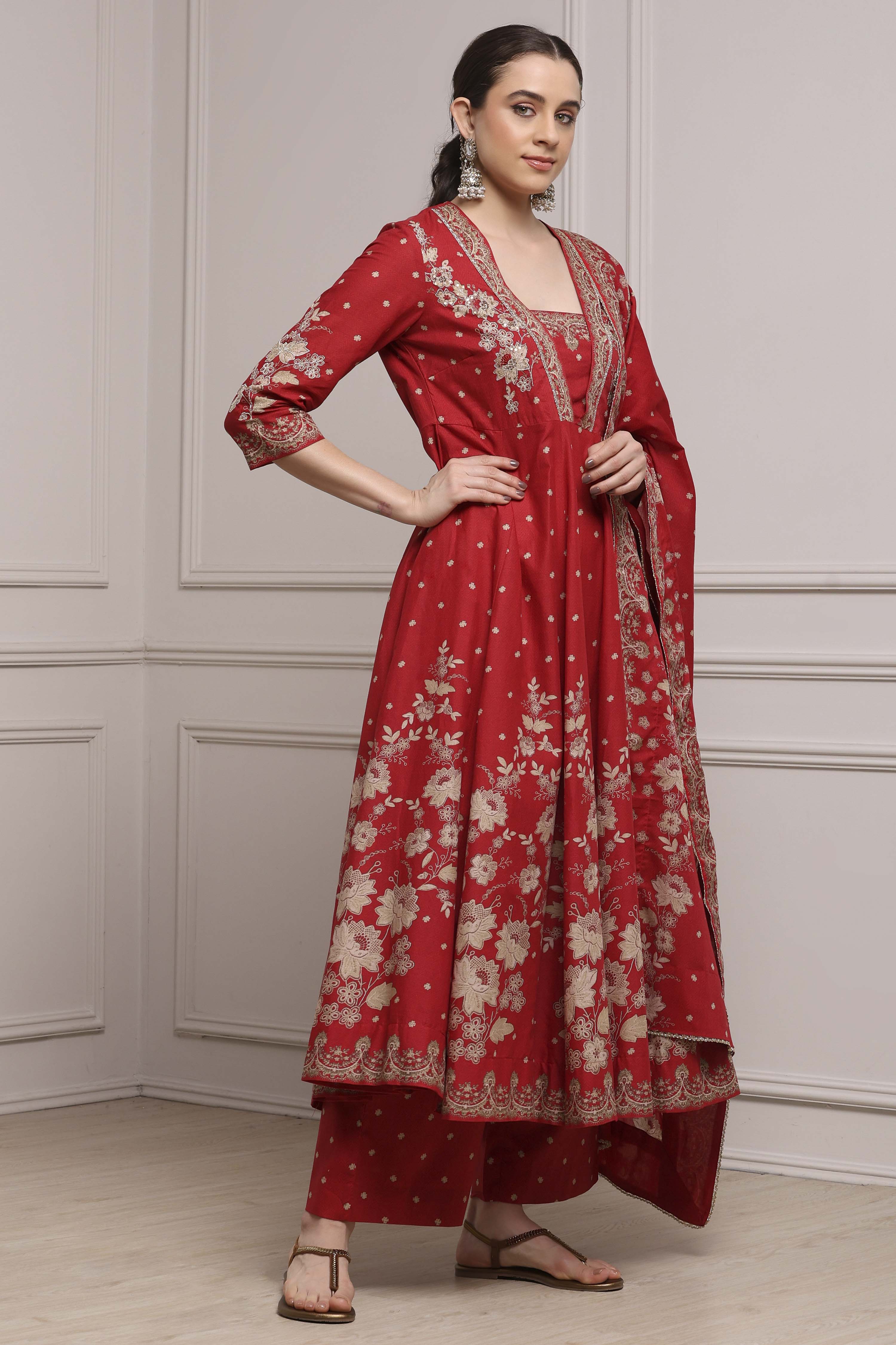 Red Cotton Anarkali Printed Suit Set image number 5