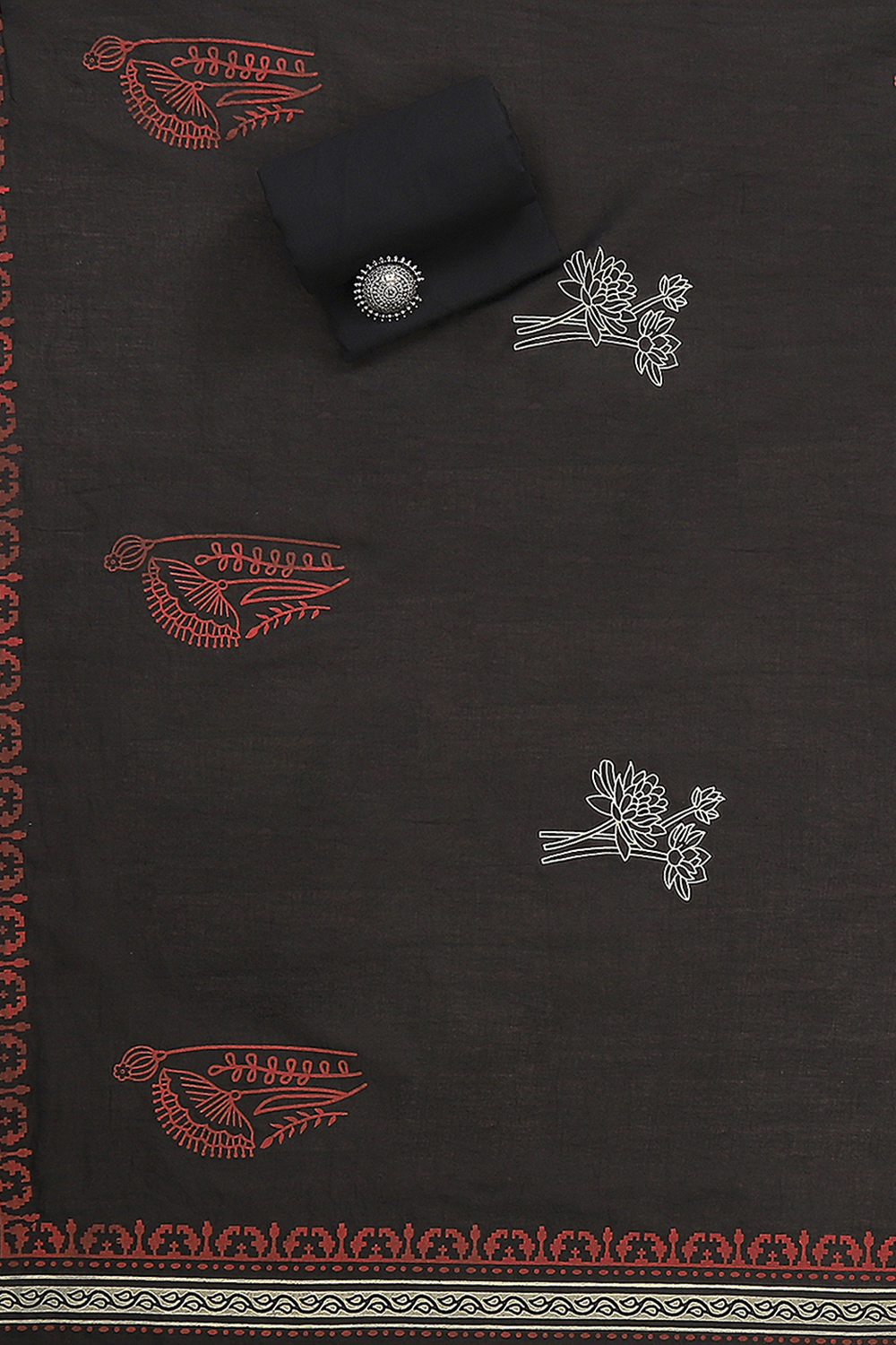Red Cotton Hand Block Print Unstitched Suit Set image number 3