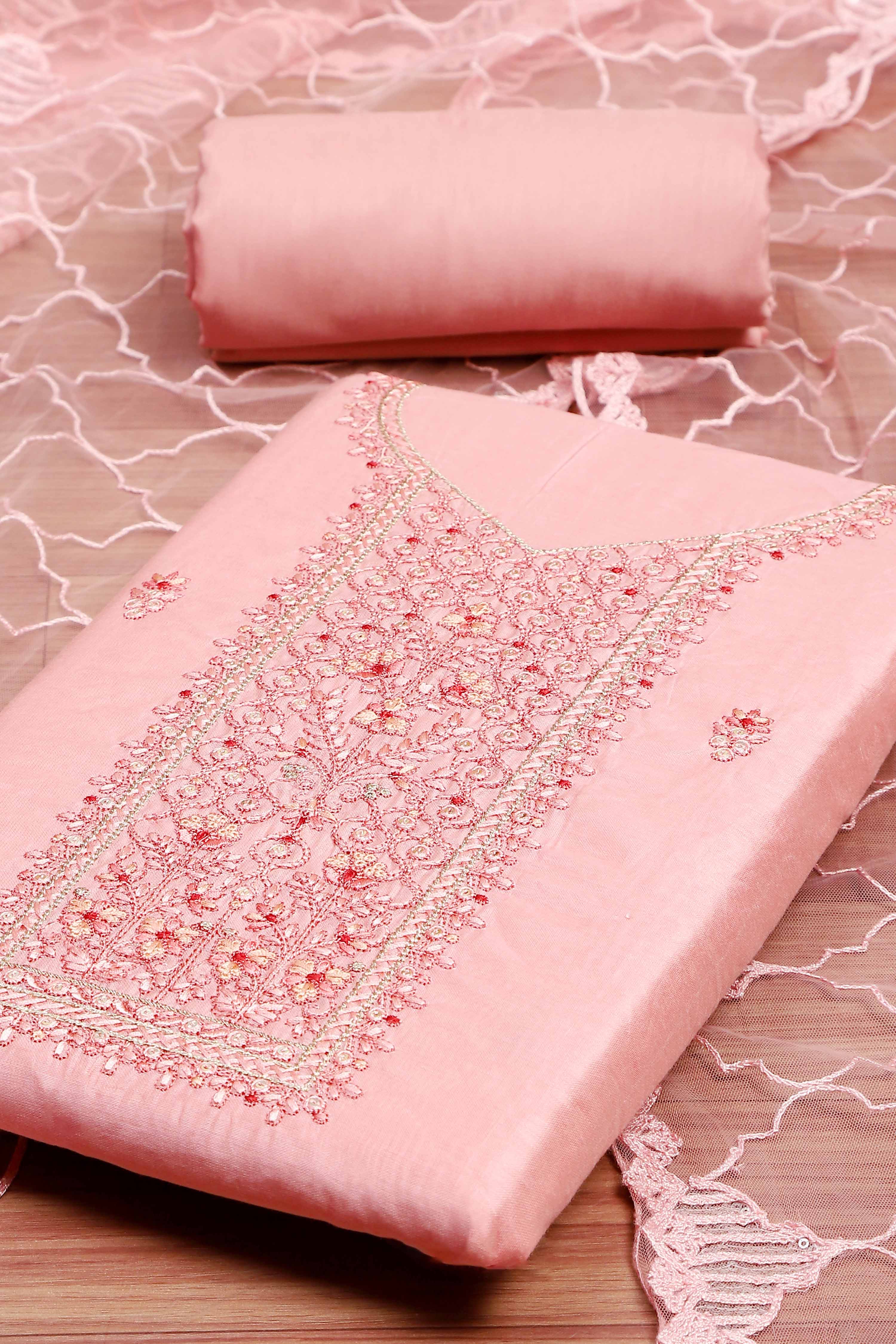 Beige Chanderi  Embroidered Unstitched Suit Set image number 1