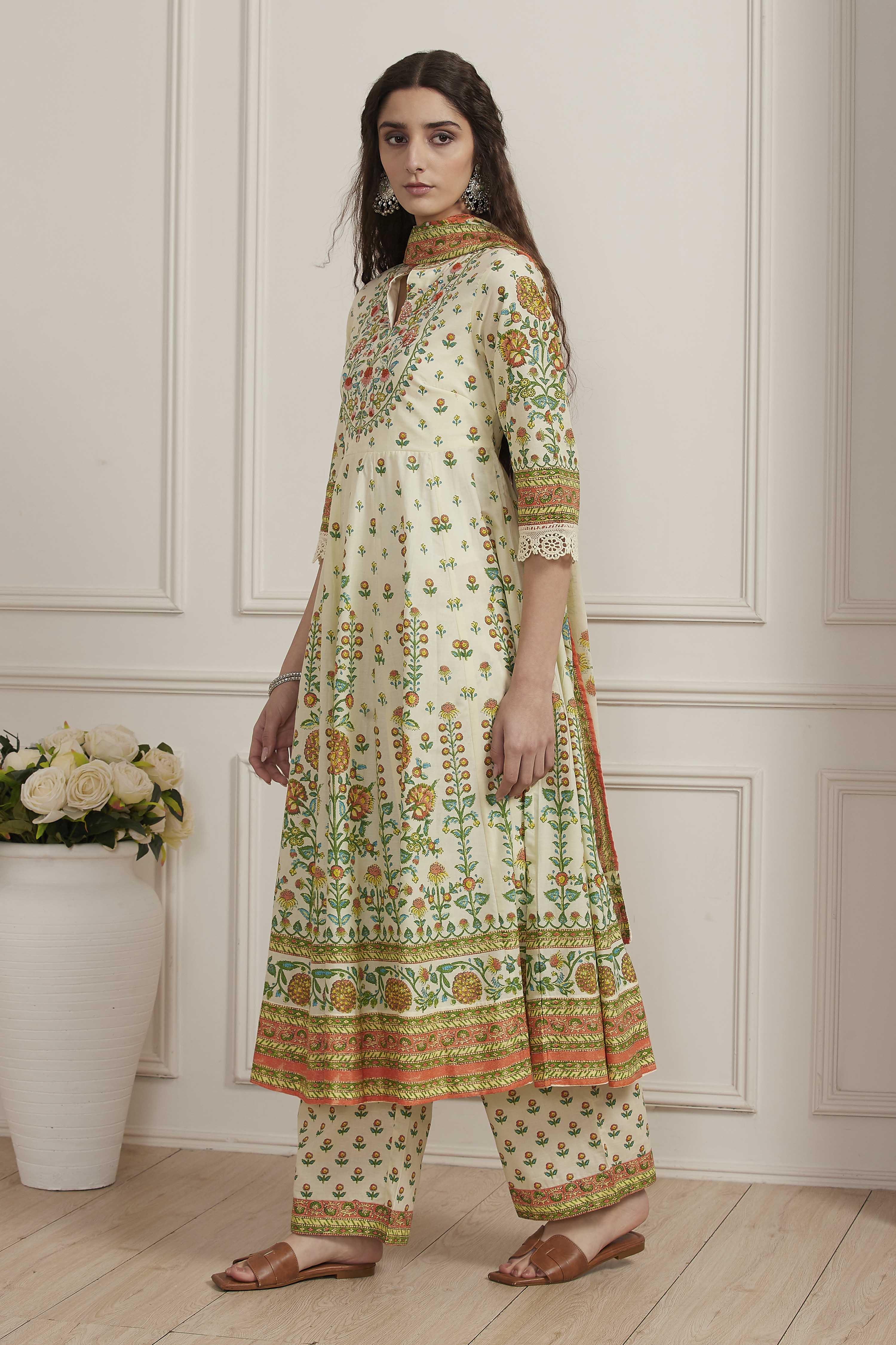 Neutral Cotton Kalidar Suit Set image number 3