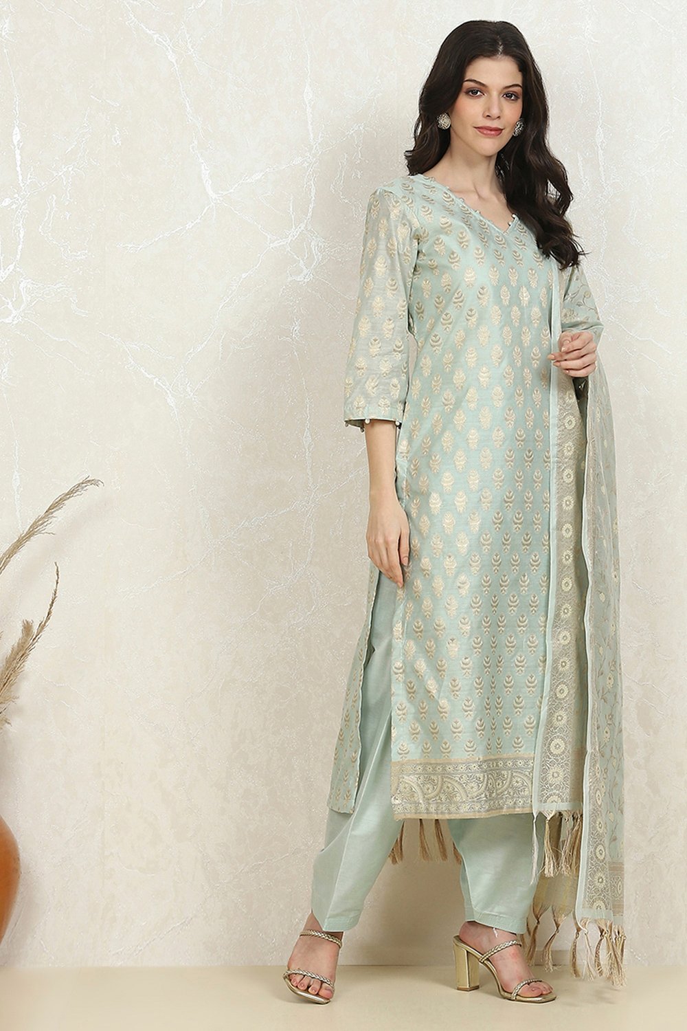 Peach Art Silk Woven Unstitched Suit Set image number 6