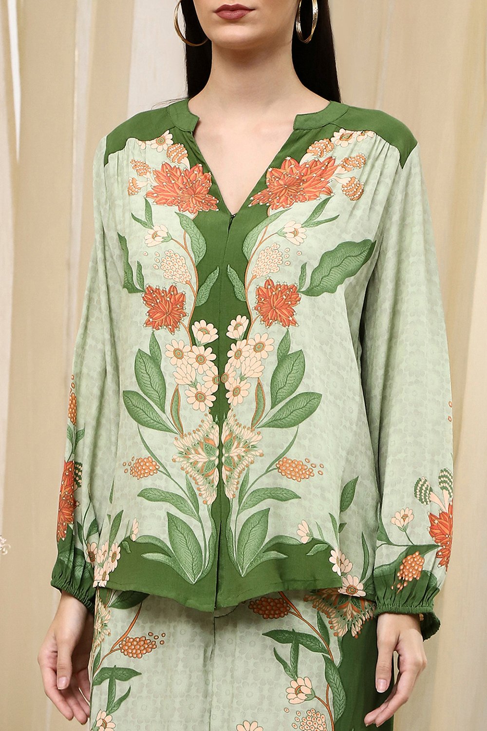 Green Viscose Blend Straight Printed Fusion Set image number 1