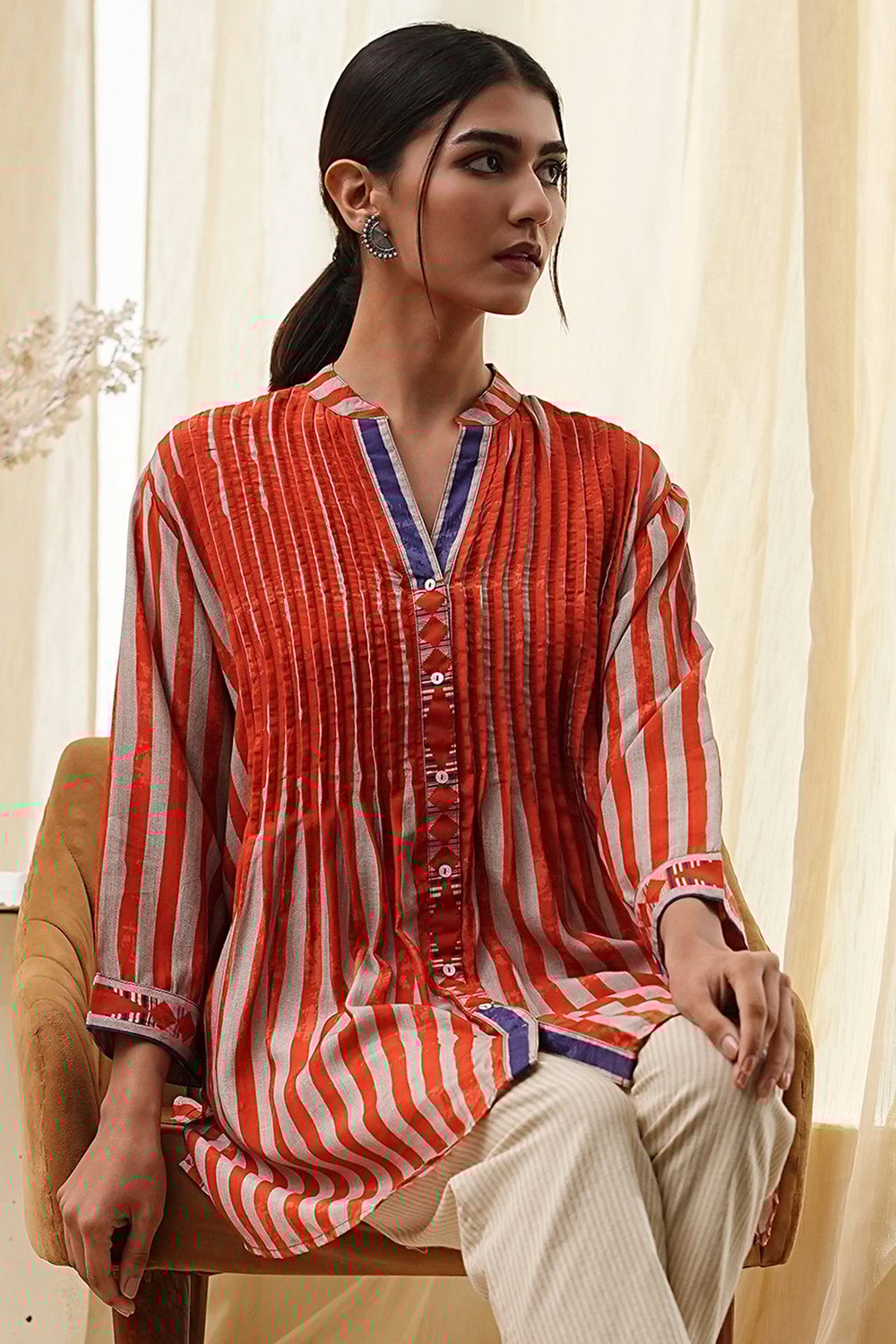 Orange Modal Printed Shirt-Style Short Kurta image number 6