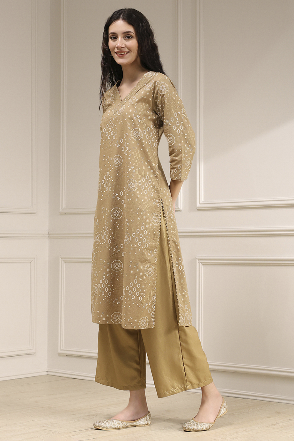 Beige Cotton Printed Straight Kurta image number 2