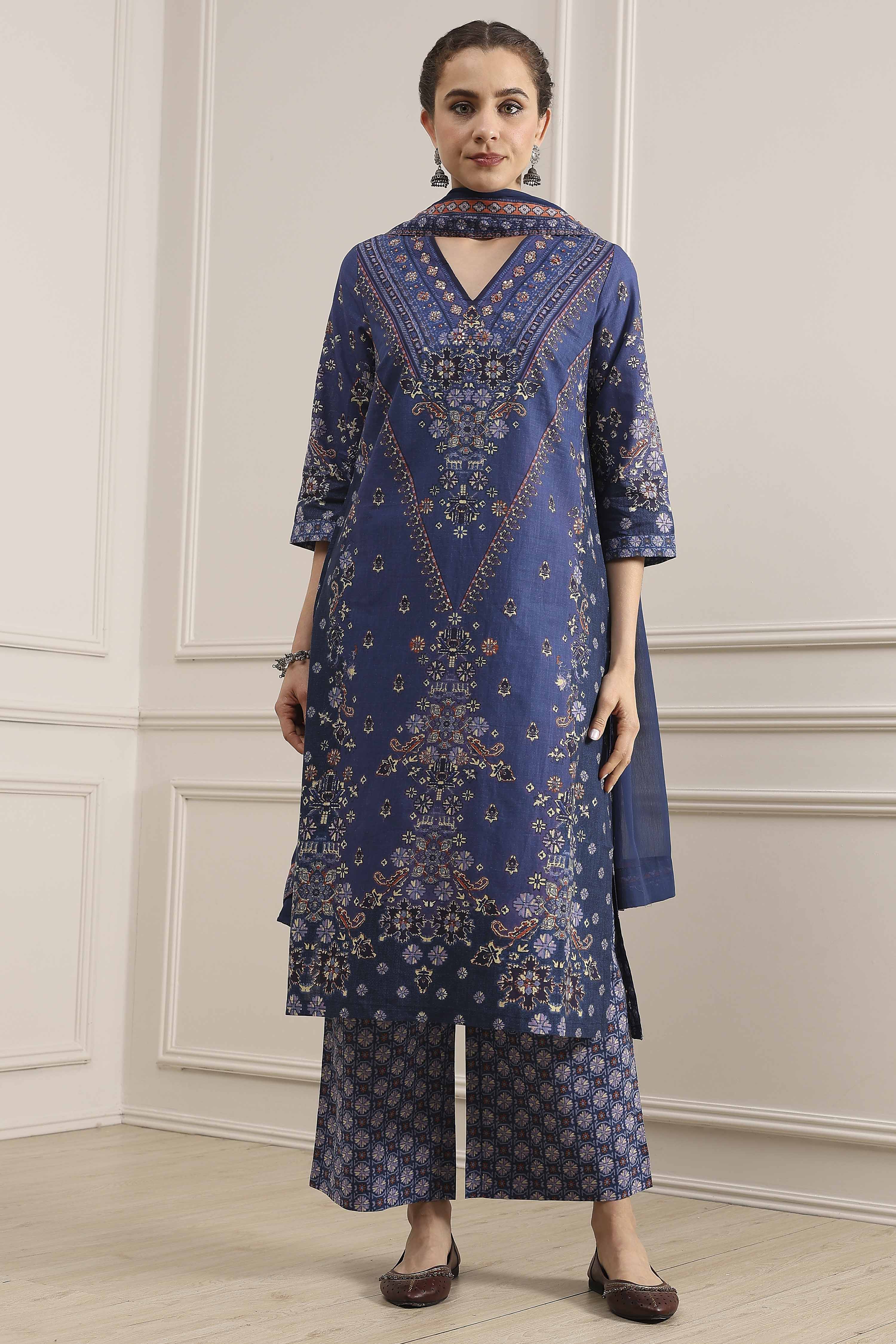 Blue Cotton Straight Printed Suit Set image number 6