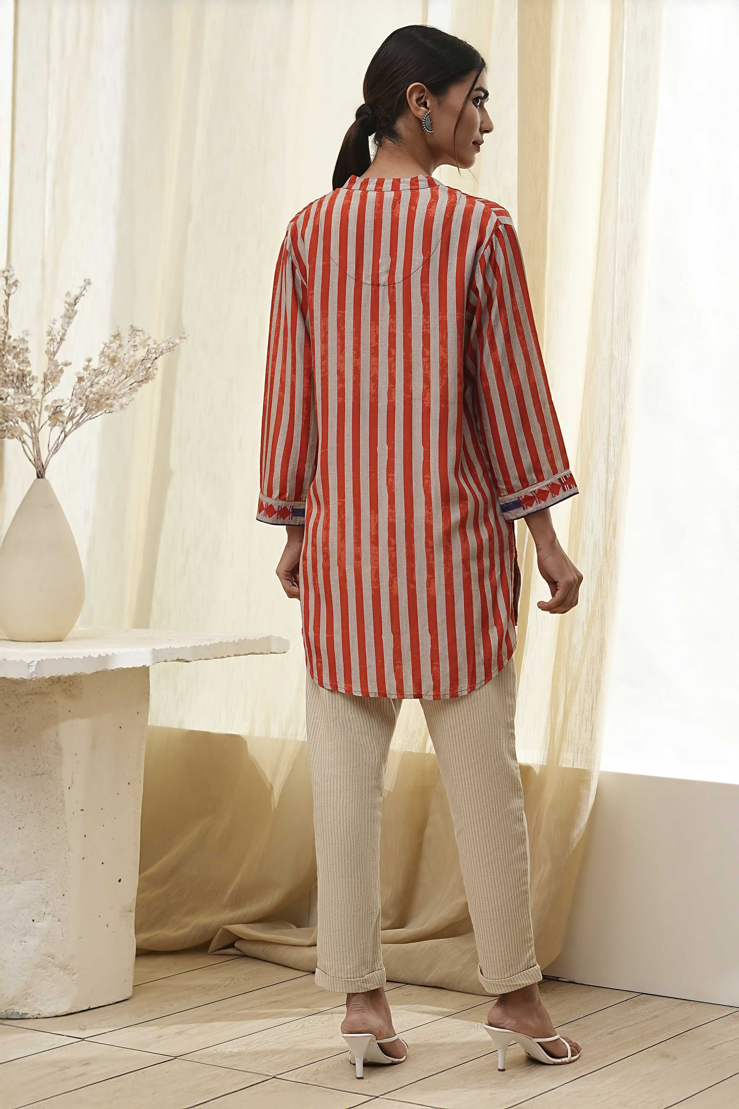 Orange Modal Printed Shirt-Style Short Kurta image number 3