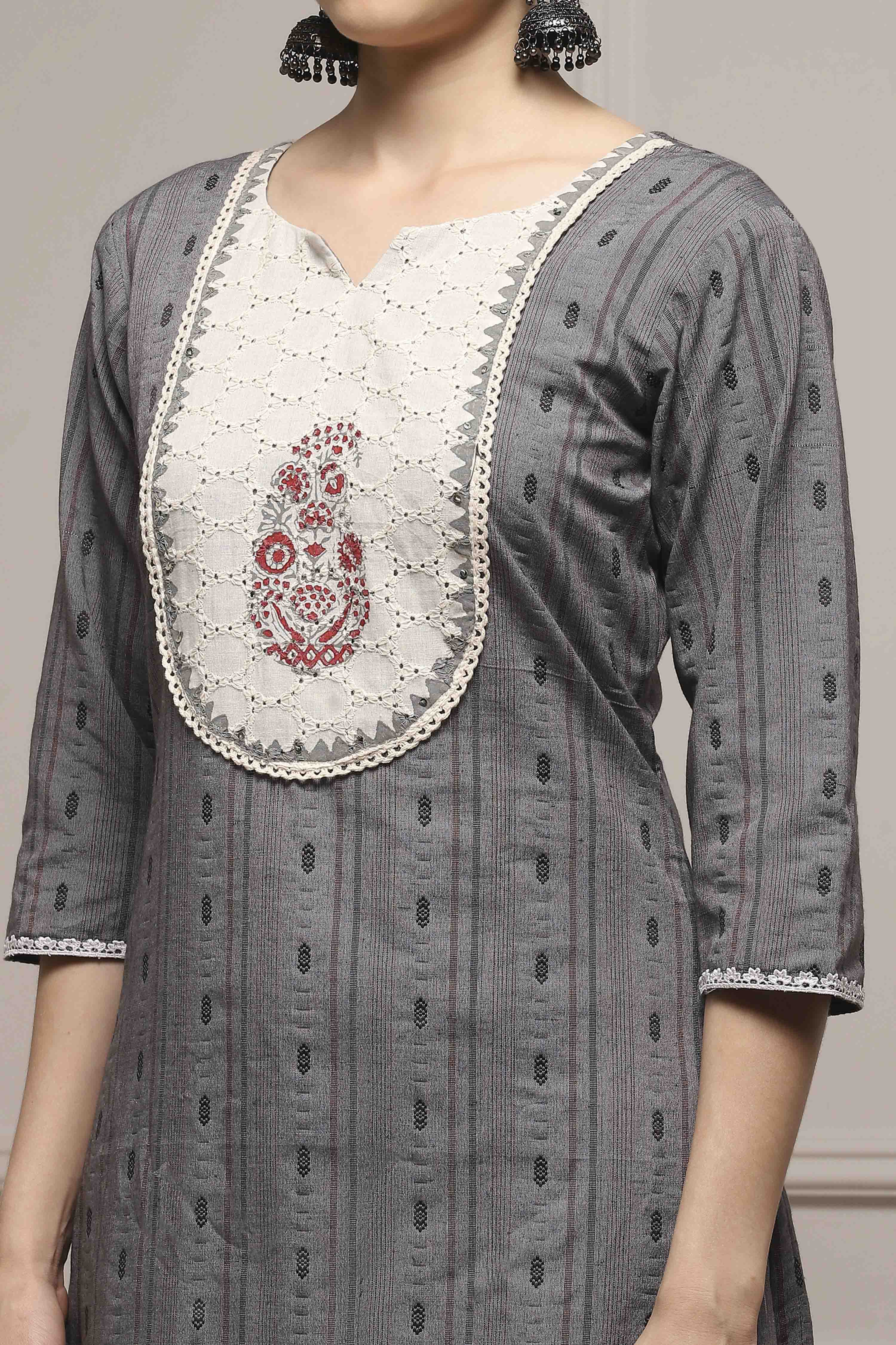 Grey Cotton Blend Woven Unstitched Suit Set image number 2