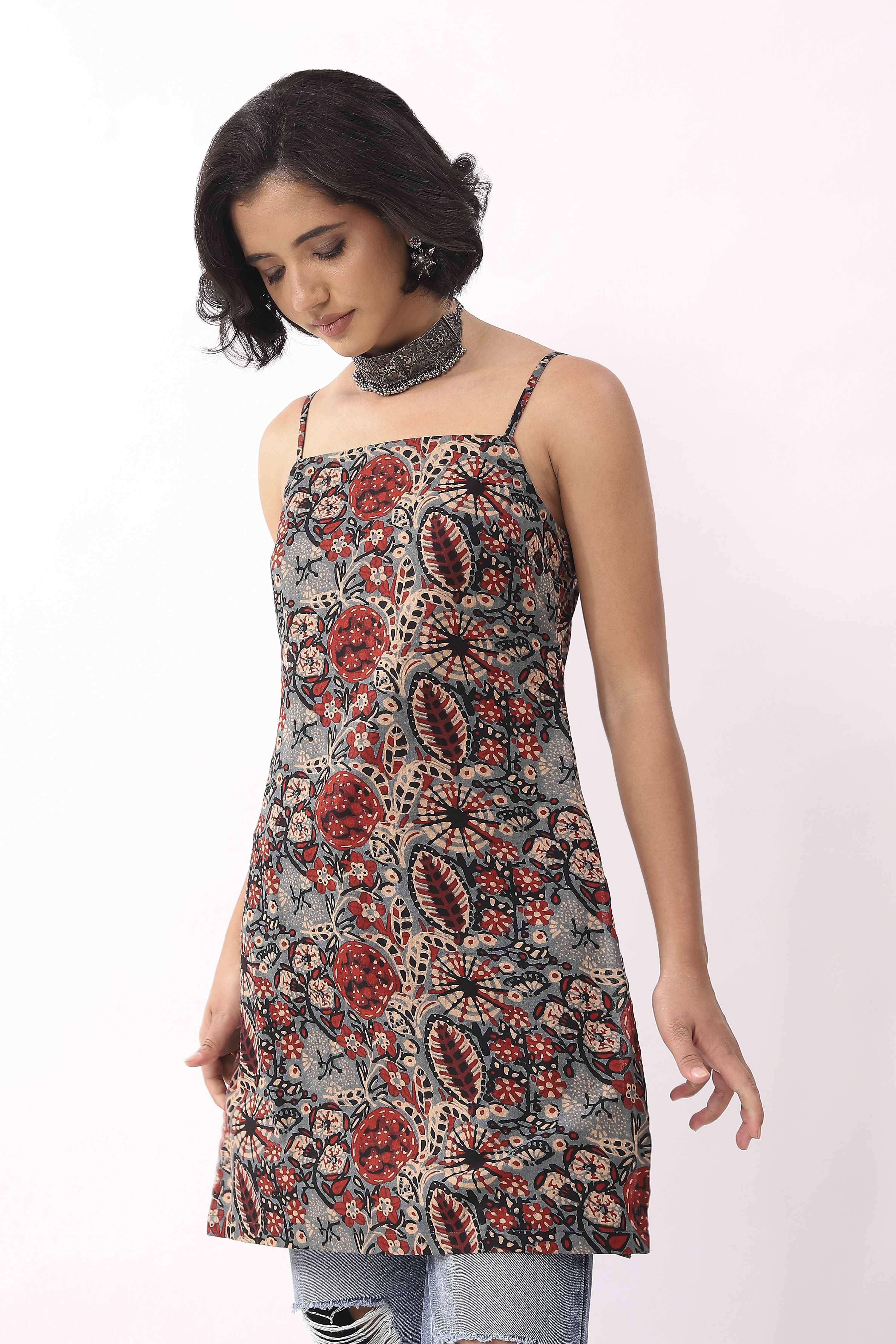 Green Cotton Geometric Printed Lace-Up Kurti image number 2