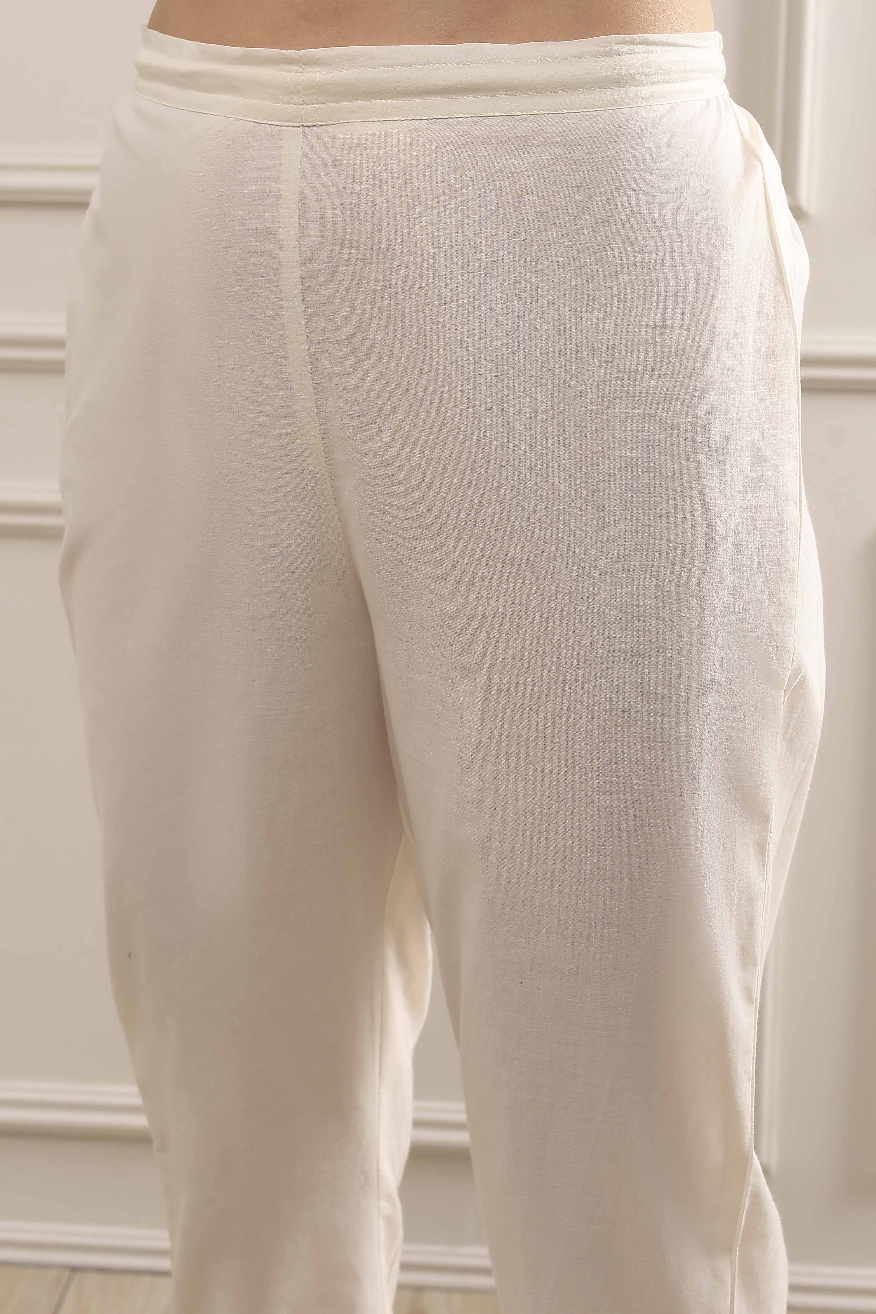 Off-White Cotton Printed Straight Suit Set image number 2