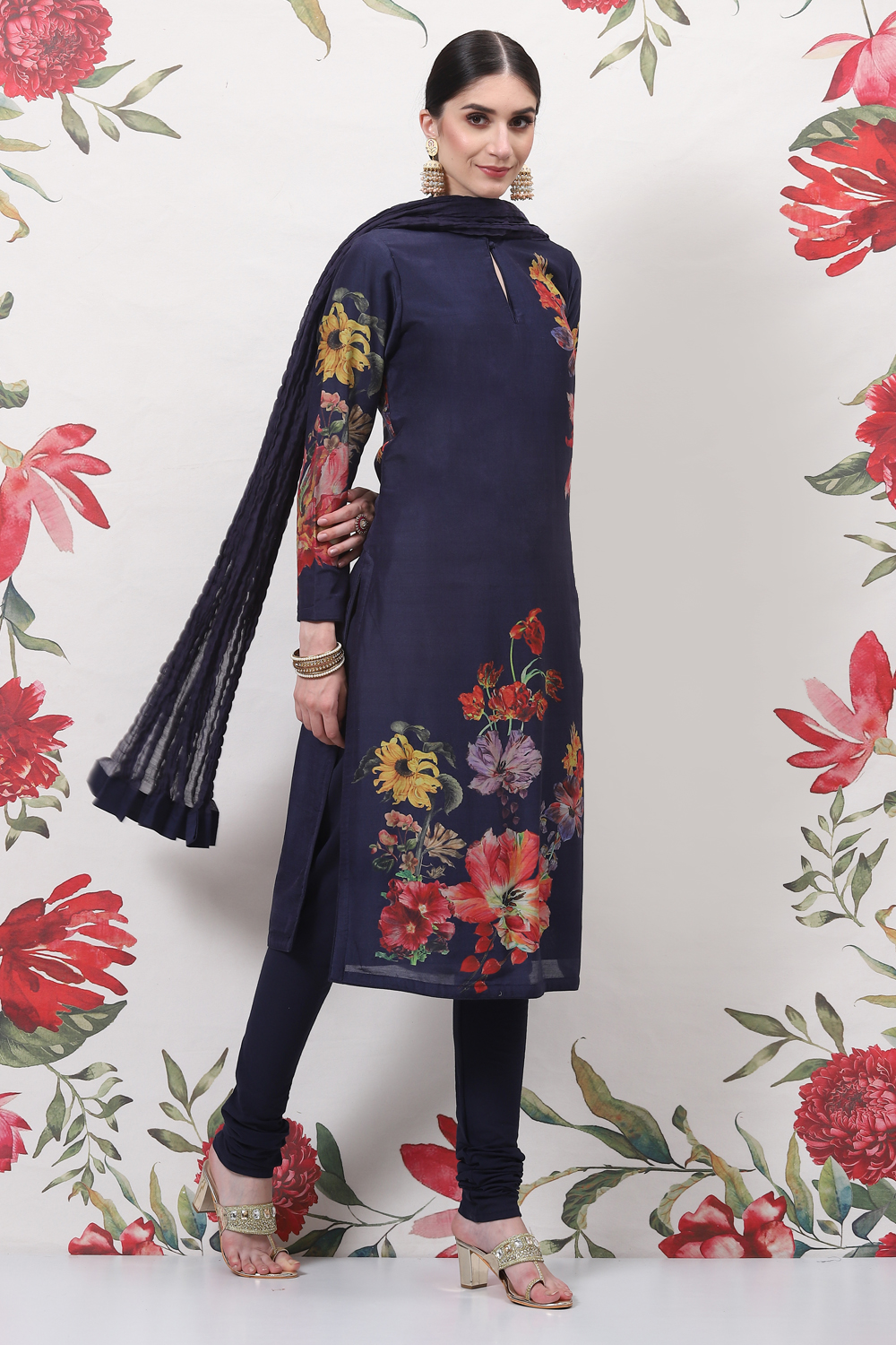 Rohit Bal Peach Cotton Silk Straight Printed Suit Set image number 0