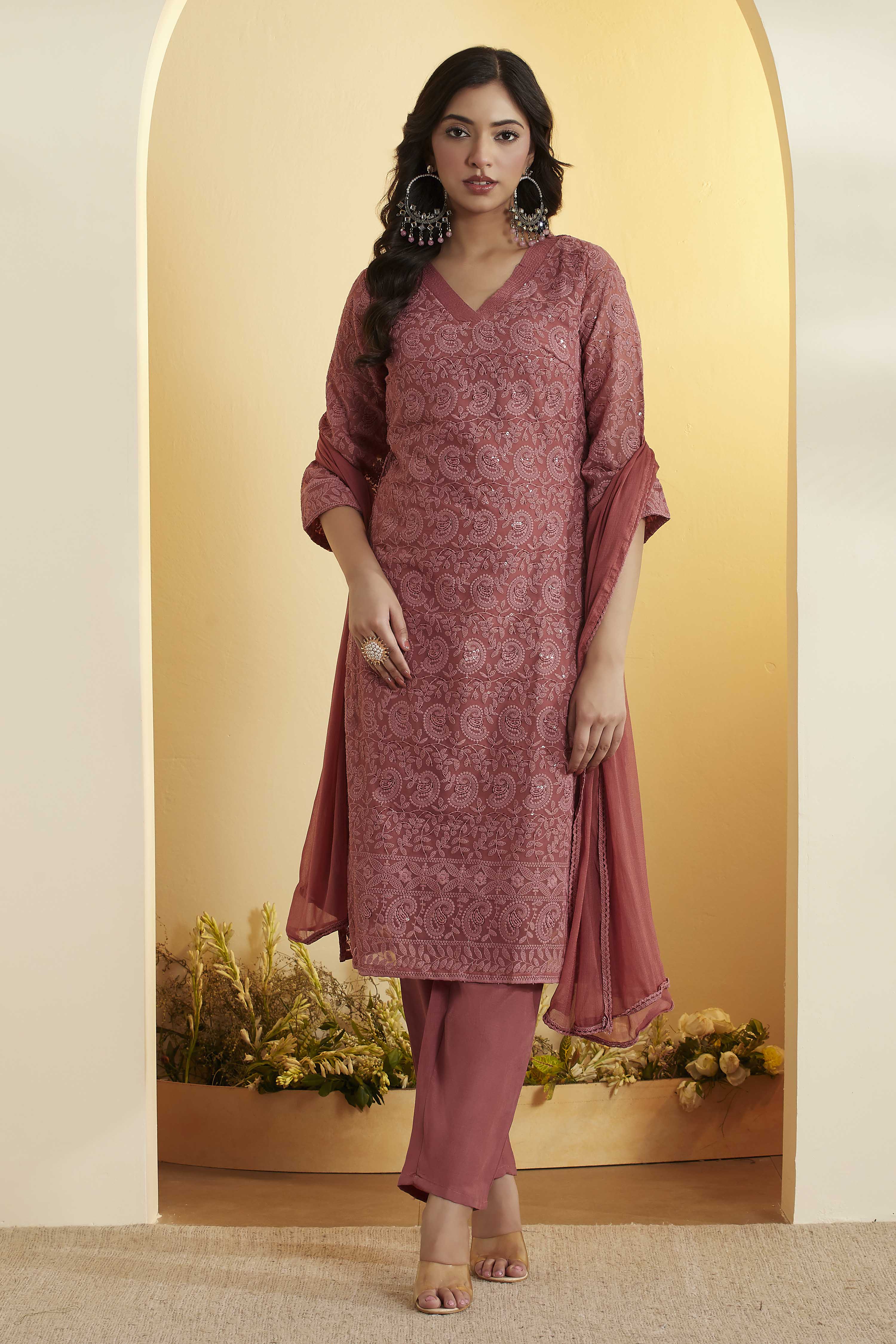 Dusty Rose Printed Straight Kurta Set image number 6