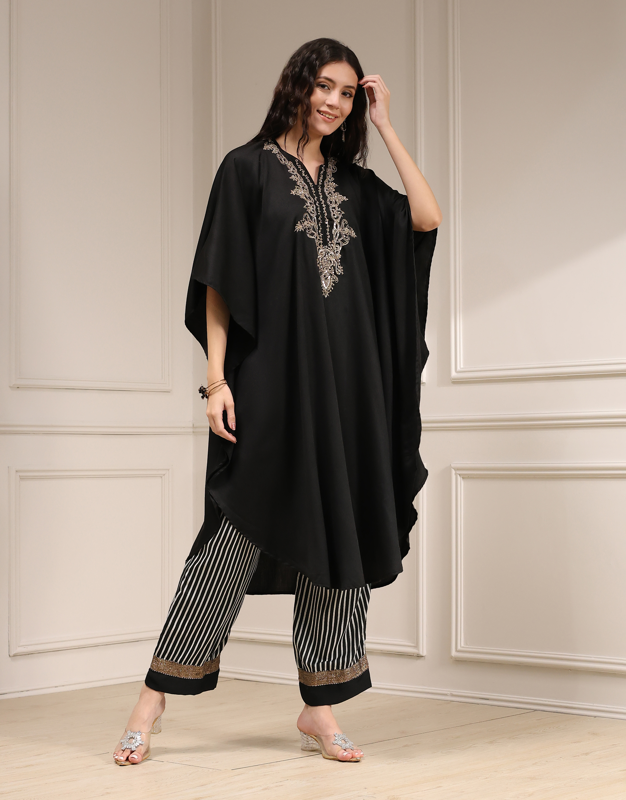 Black Modal Solid Kaftan Fusion Kurta Set image number 2