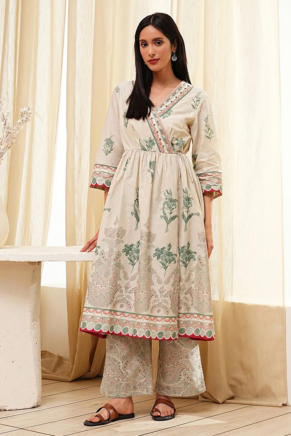 Beige and Green Cotton Angrakha Anarkali Kurta Set image number 6