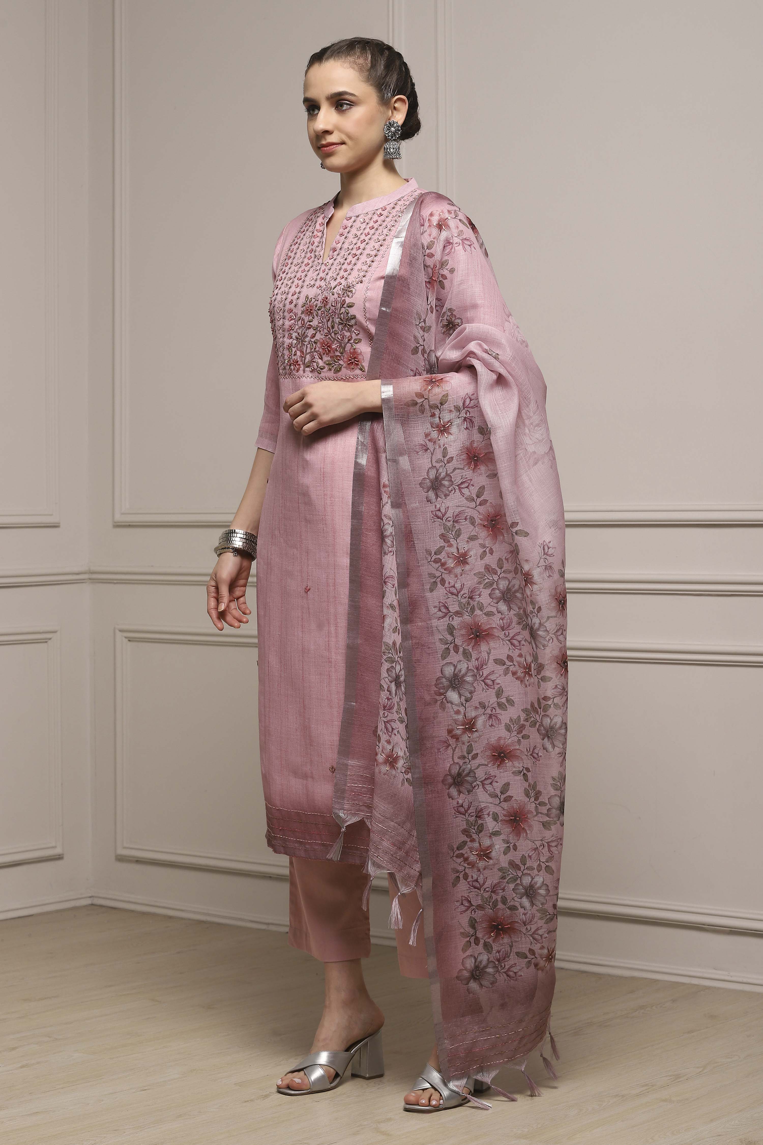 Pink Linen Blend Hand Embroidered Unstitched Suit Set image number 4