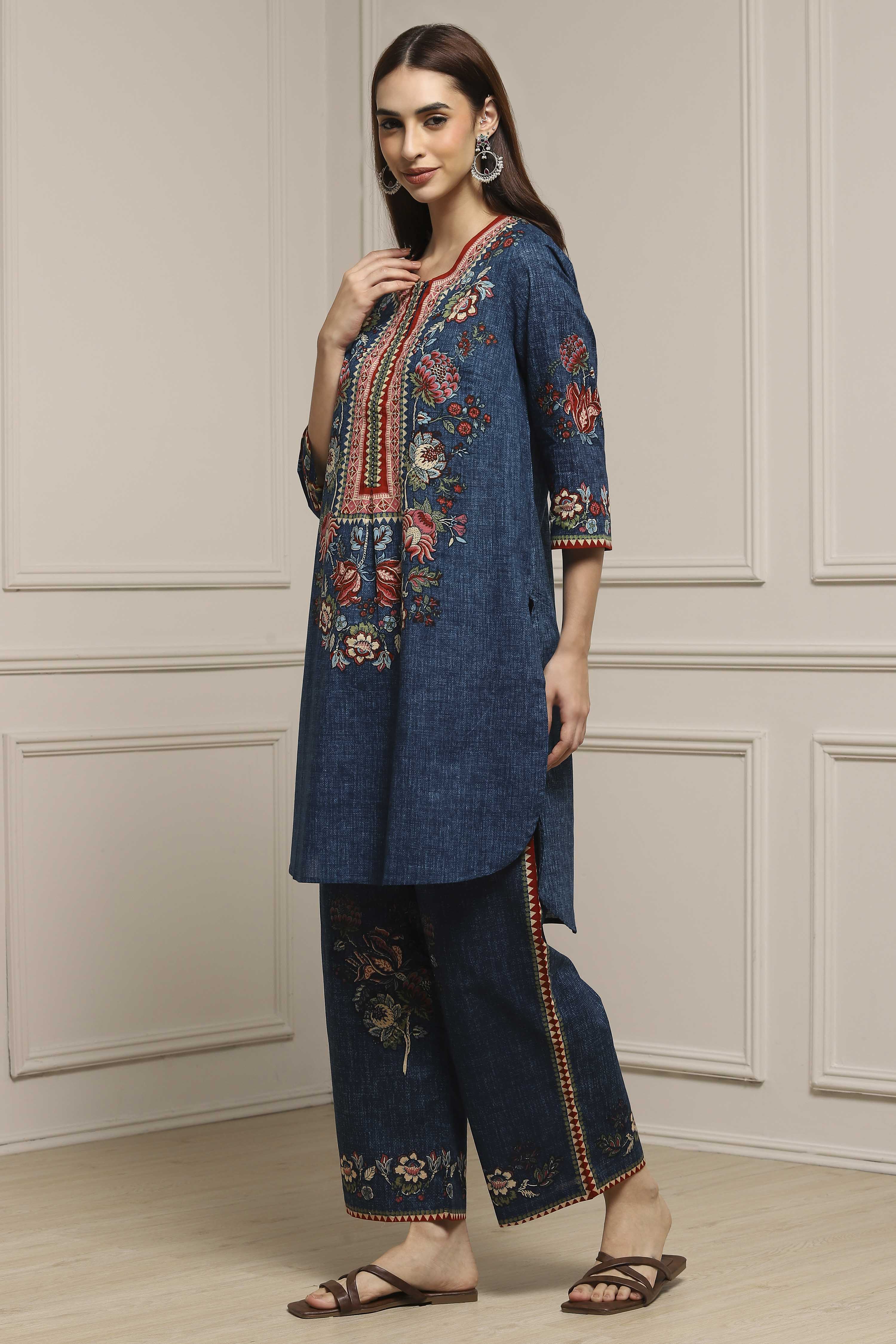 Blue Cotton Straight Printed Kurta Pants Set image number 3