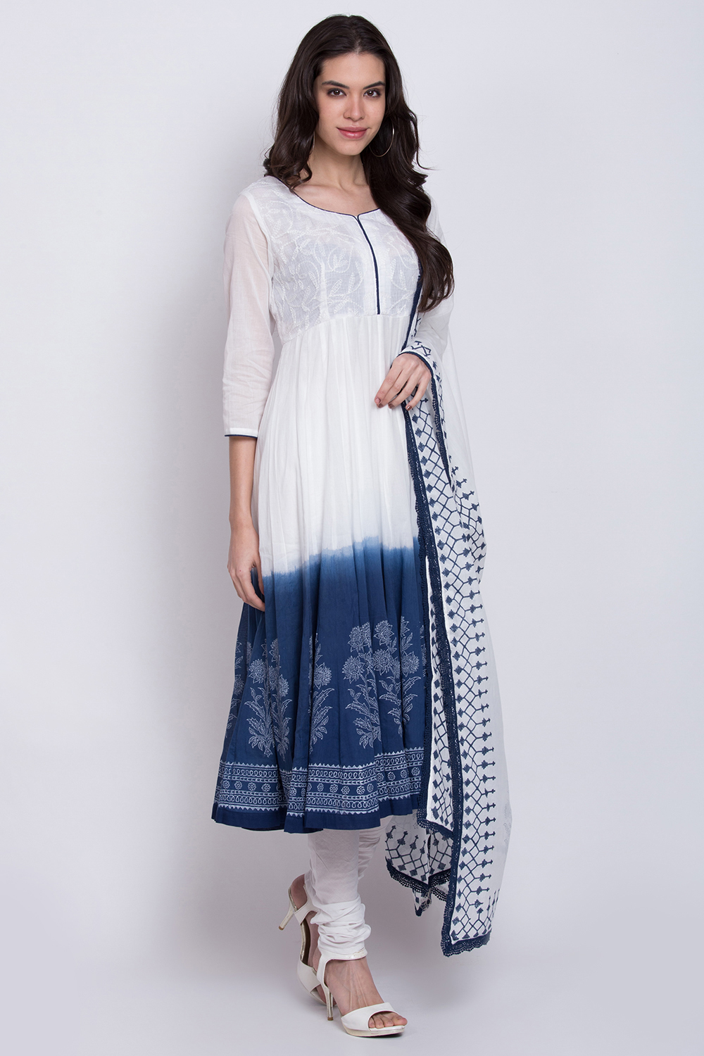 White And Blue Cotton Anarkali Kurta Churidar Suit Set image number 4