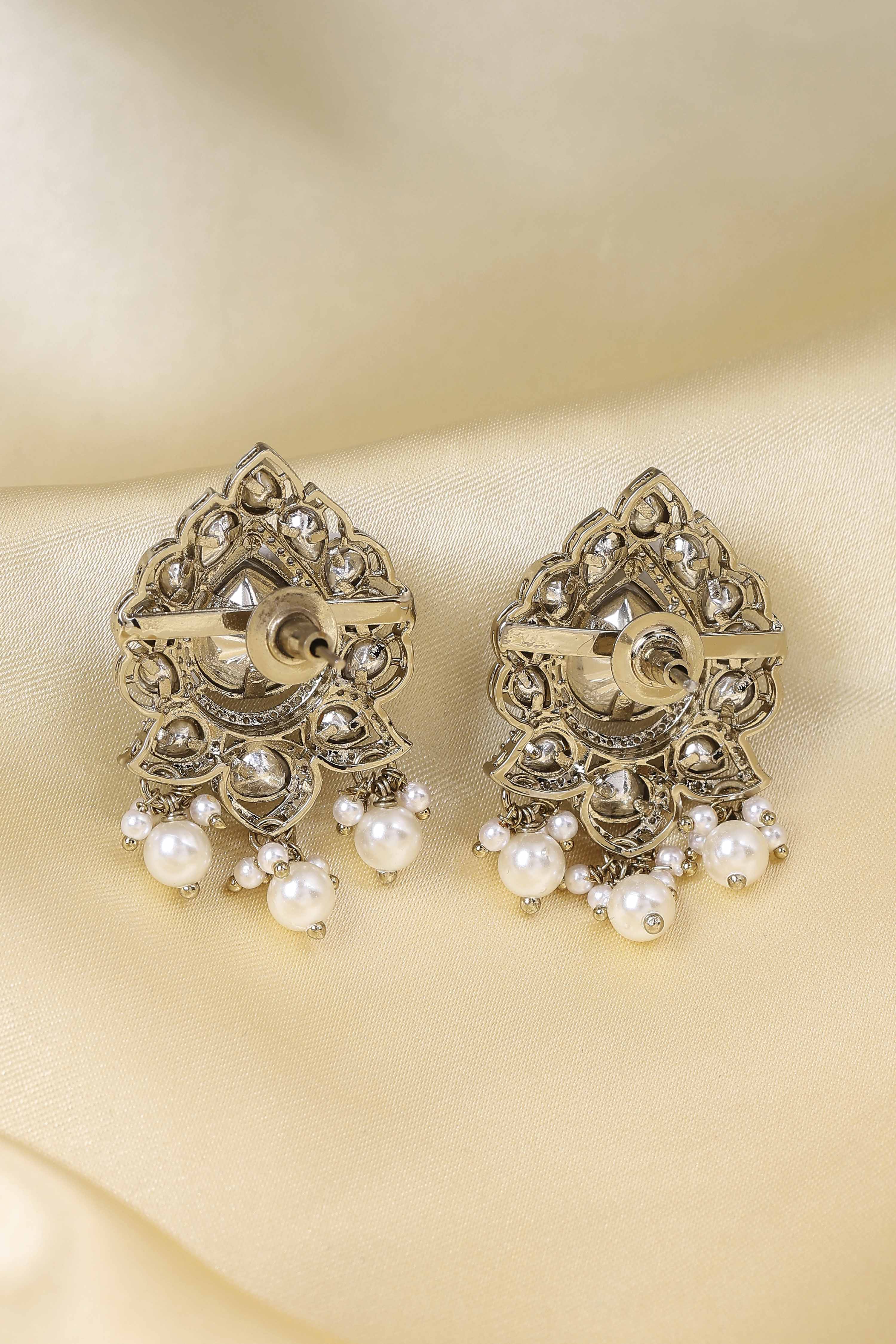 Silver Toned Gold Plated Brass Studded Drop Earrings image number 2