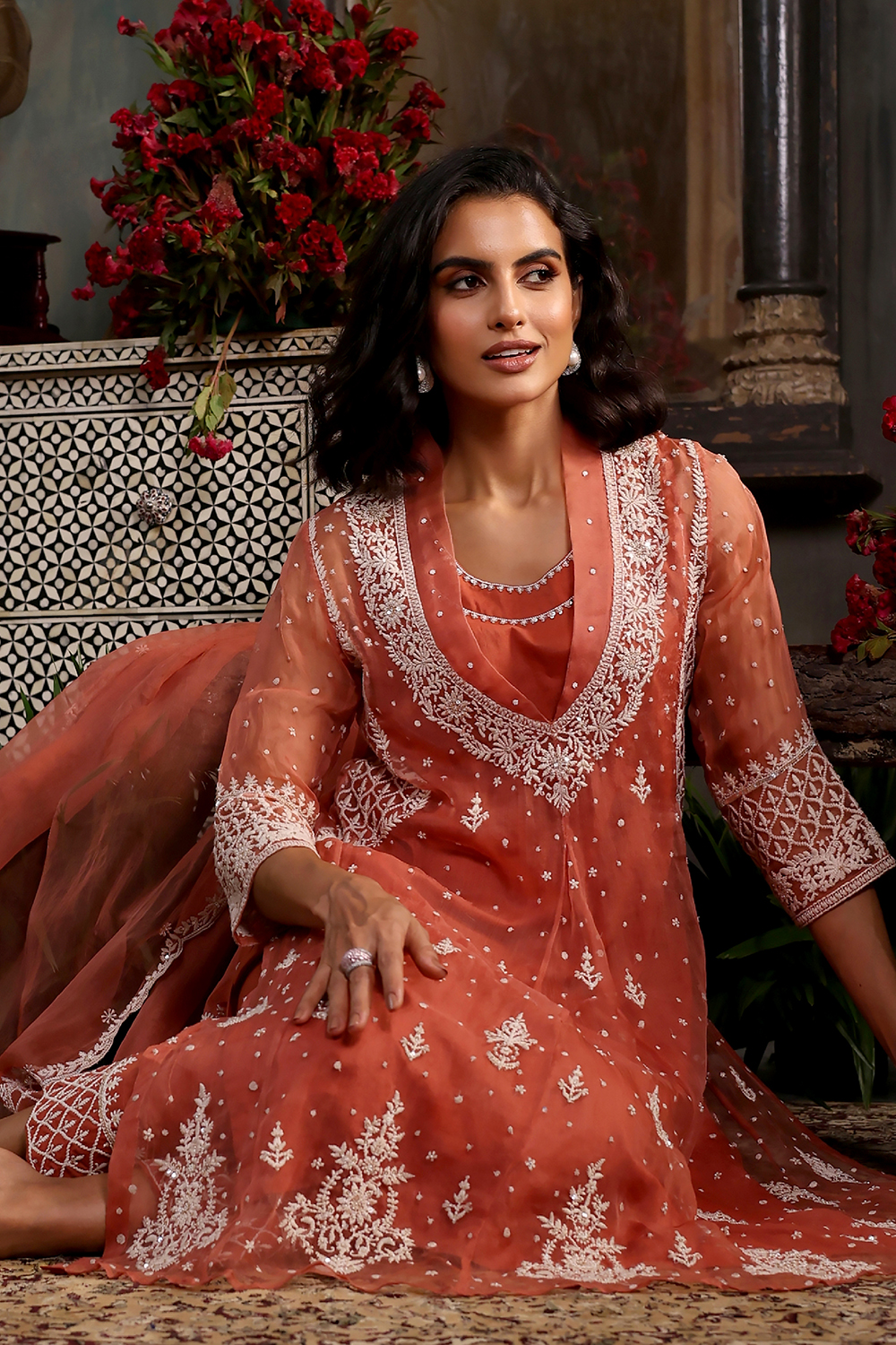 Burnt Orange Viscose Kalidar Dyed Suit Set image number 8