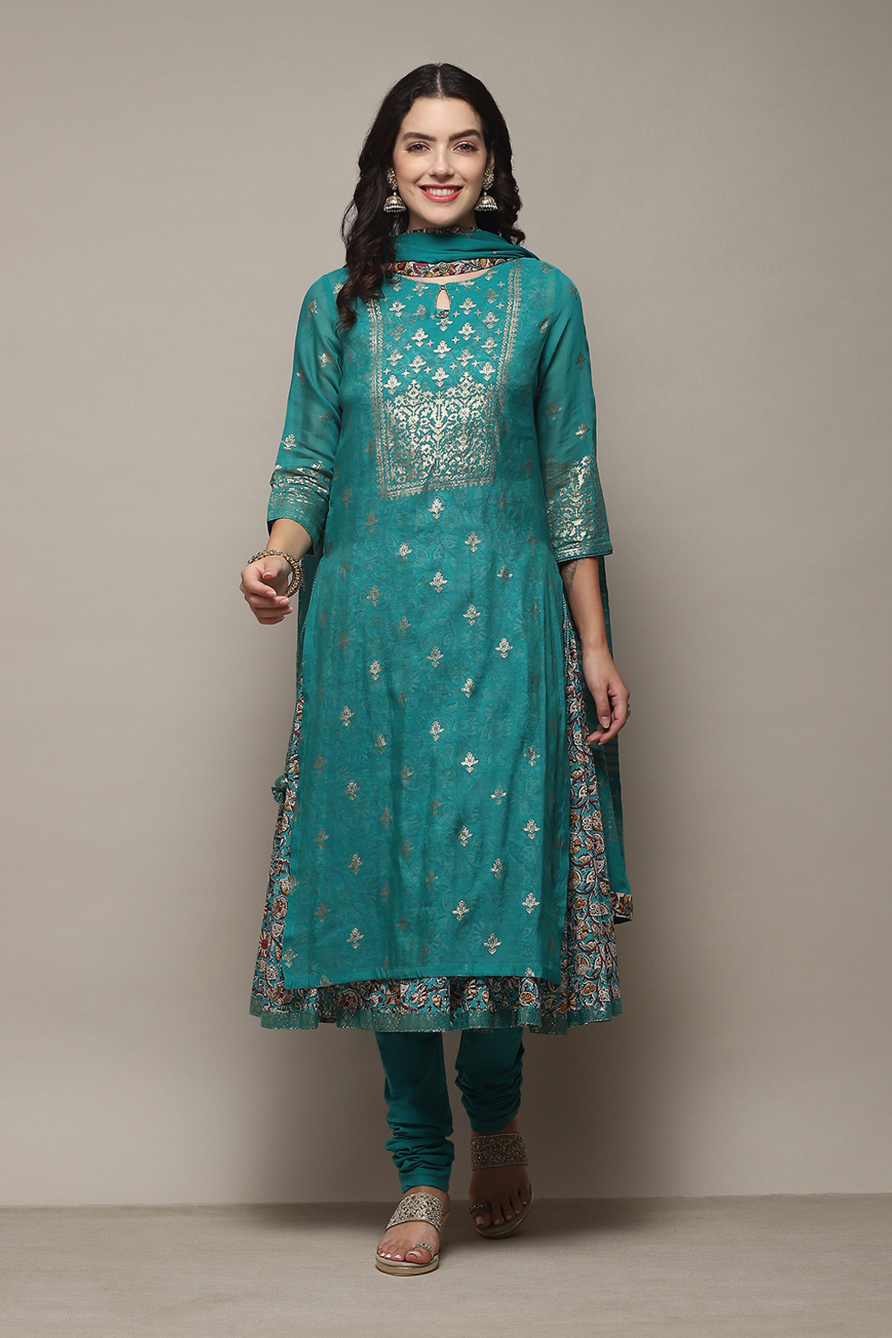 Off White Cotton Layered Printed Kurta Churidar Suit Set image number 7