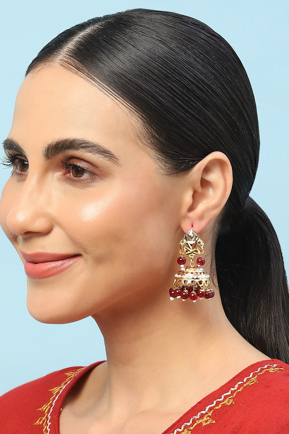 Gold Red Brass Earrings image number 3