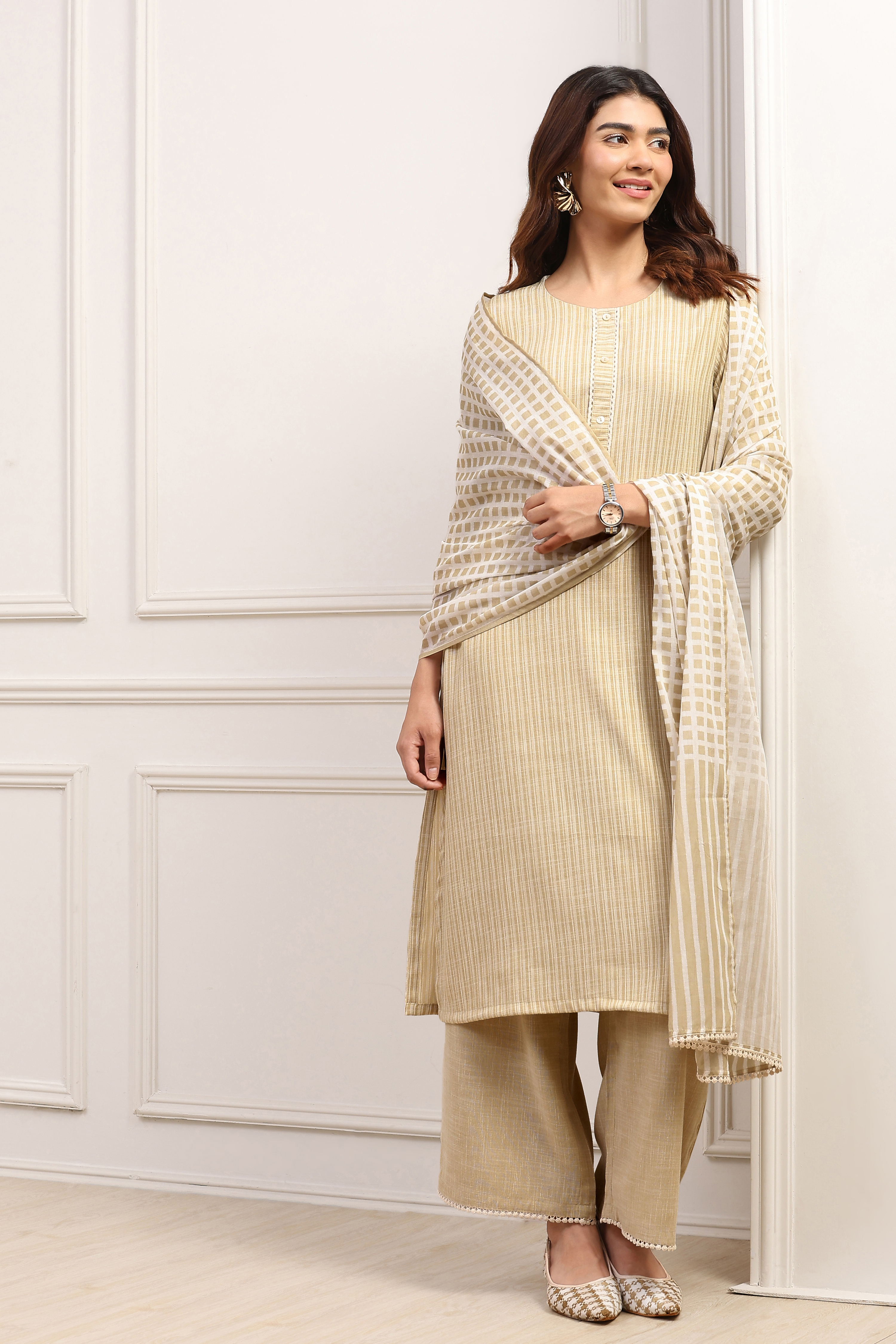 Pale-Yellow Voile Straight Kurta Palazzo Suit Set image number 0