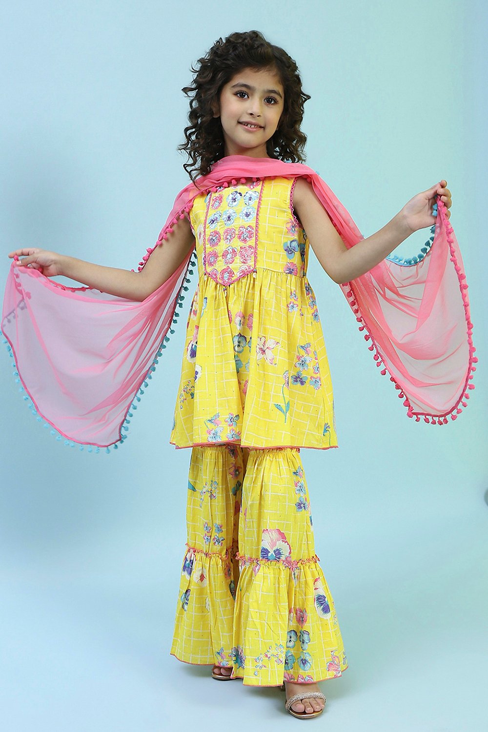 Yellow Cotton Peplum Suit Set image number 0