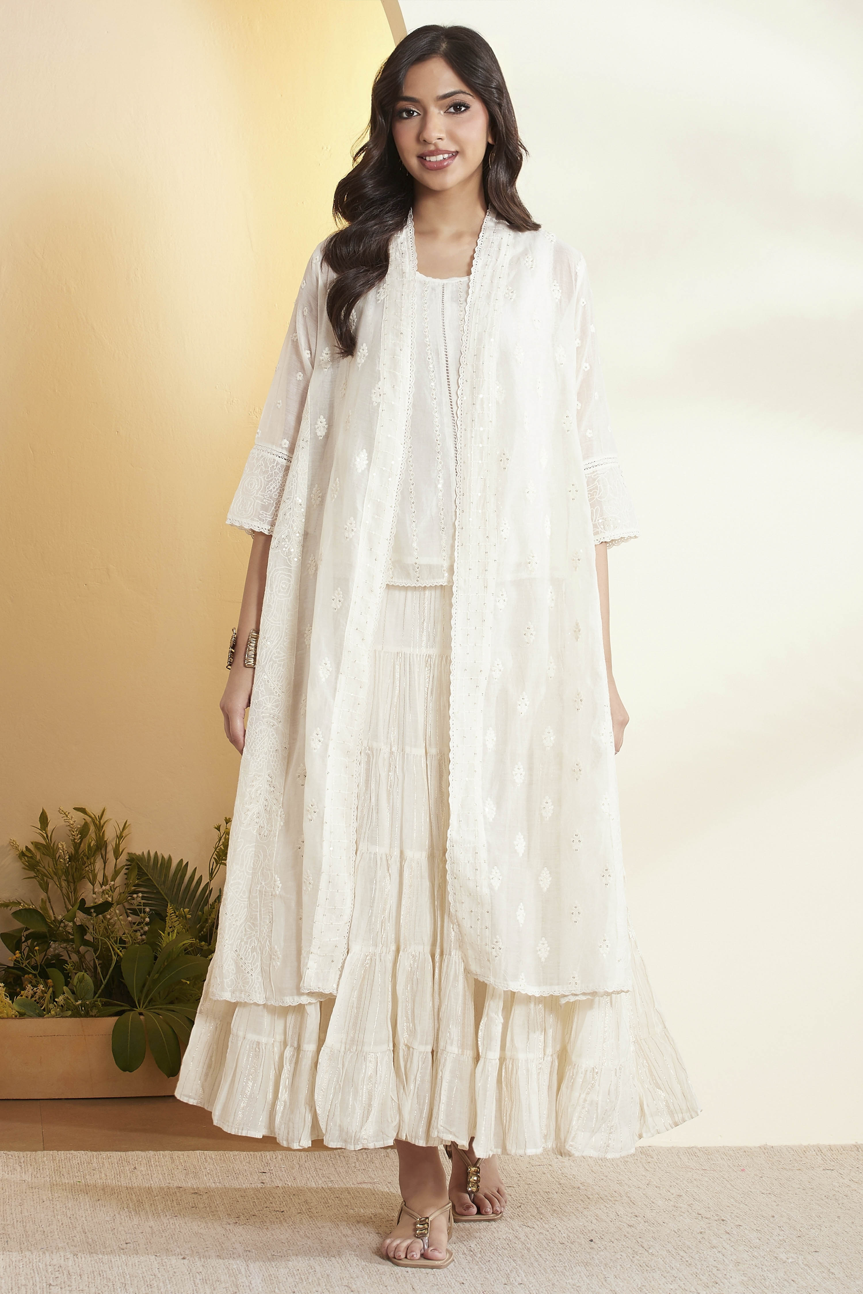 Off-White Cotton Embroidered Silk Fusion Set image number 7