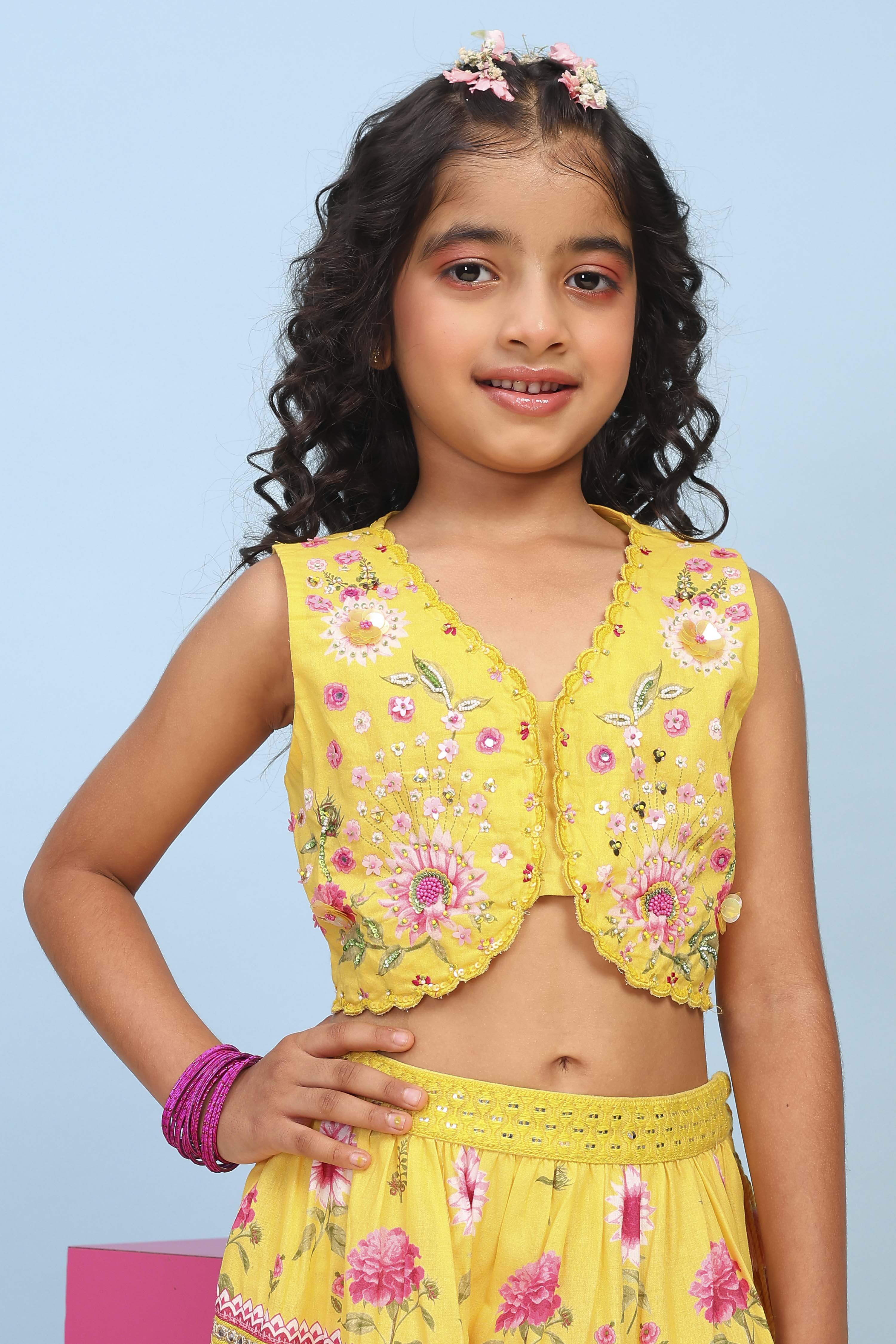 Yellow Cotton Tiered Lehenga Set image number 1