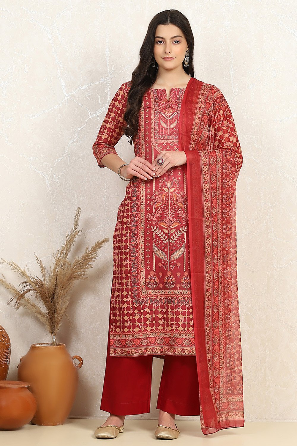 Pink Cotton Digital Print Unstitched Suit Set image number 7