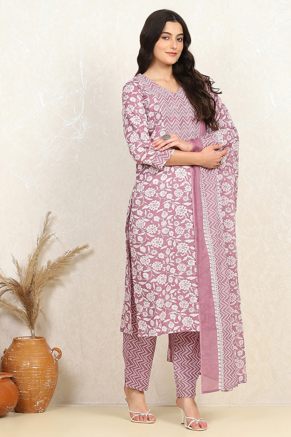Mustard Cotton Screen Print Unstitched Suit Set image number 6