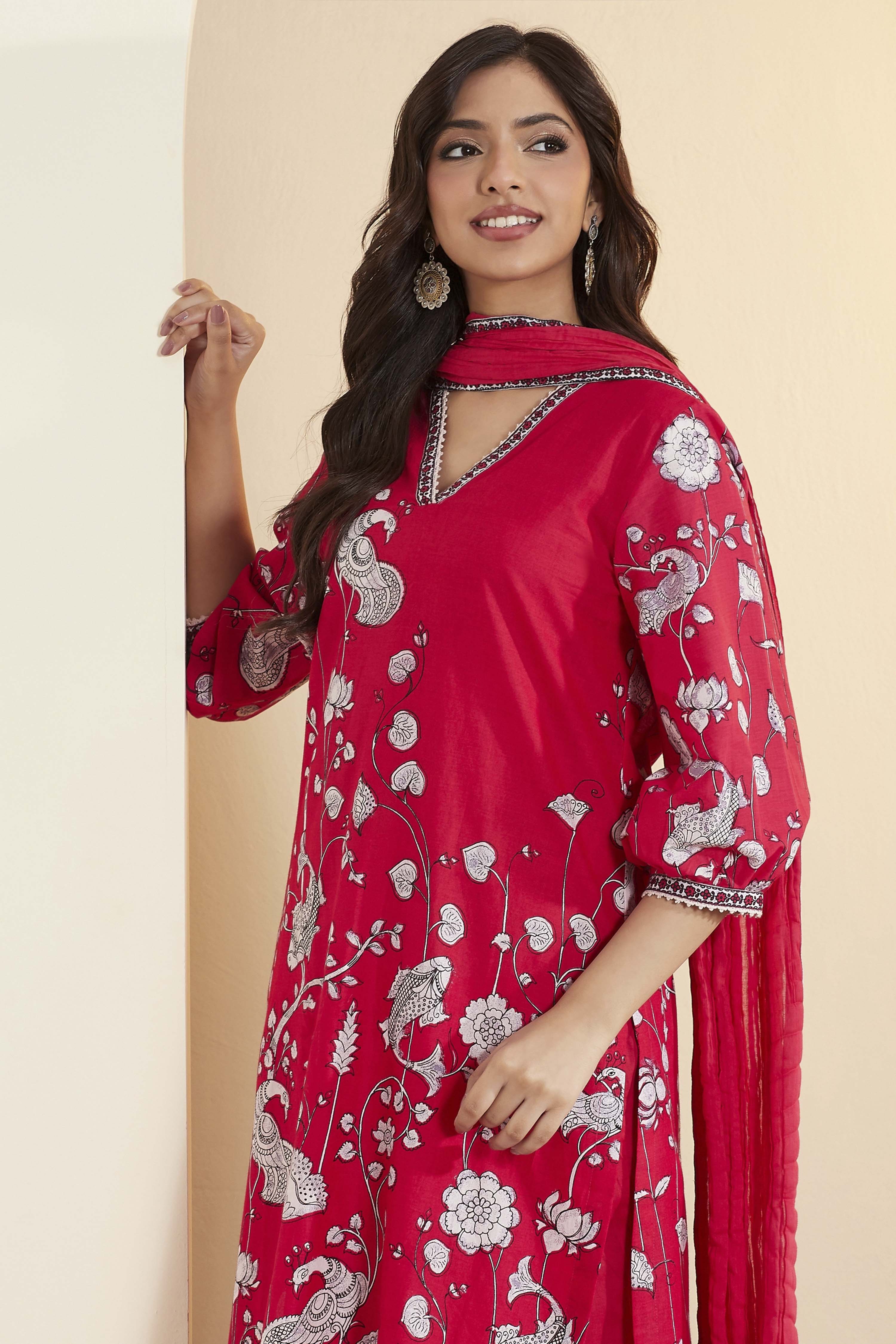 Fuchsia Cotton Floral Printed Straight Kurta Set image number 1