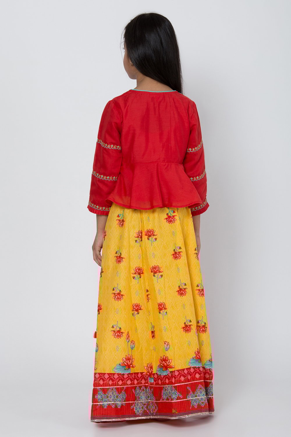 Red And Yellow Poly Cotton Lehenga Set image number 4