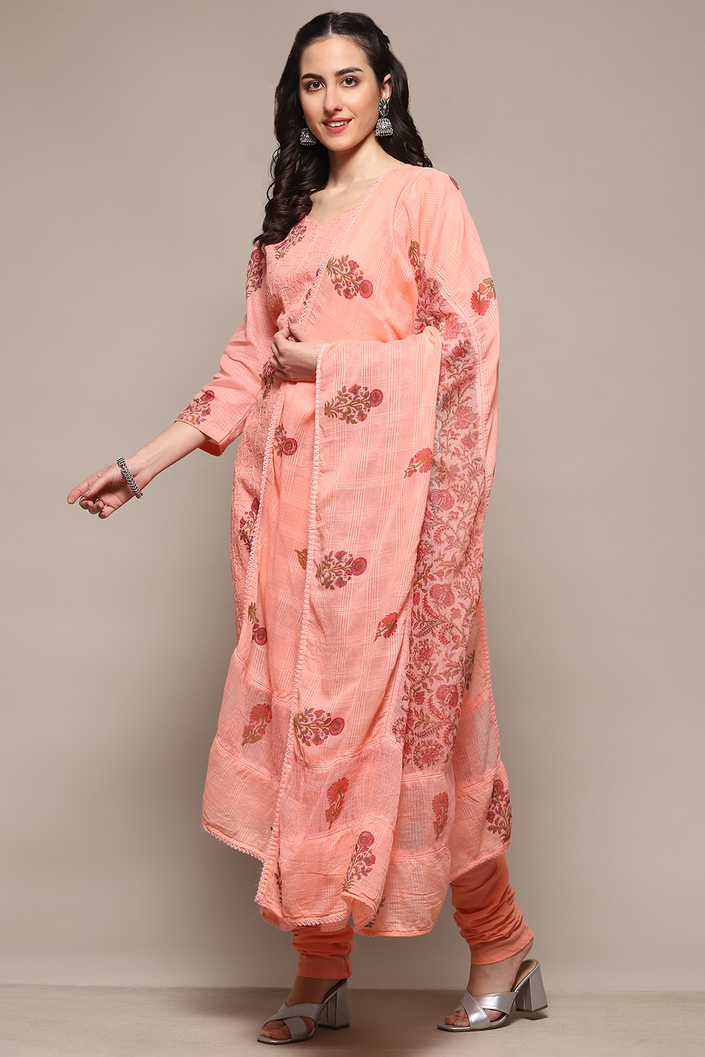 Pista Green Cotton Blend Unstitched Suit set image number 5