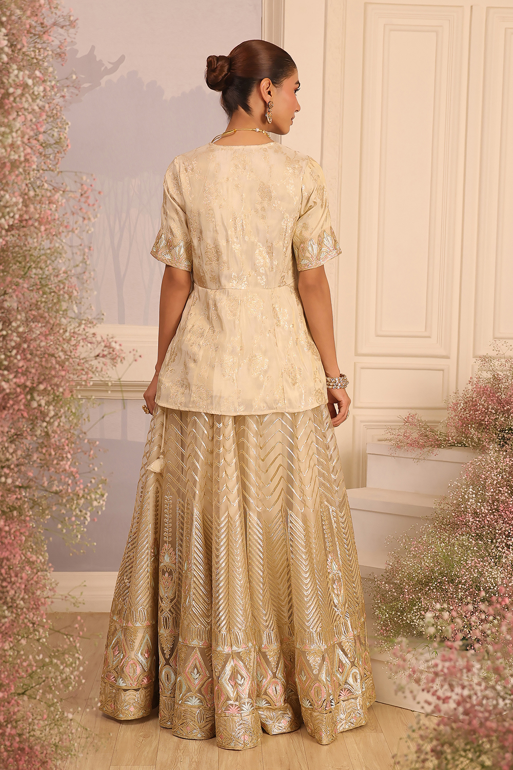 Beige Viscose Peplum Embroidered Lehenga Set image number 4